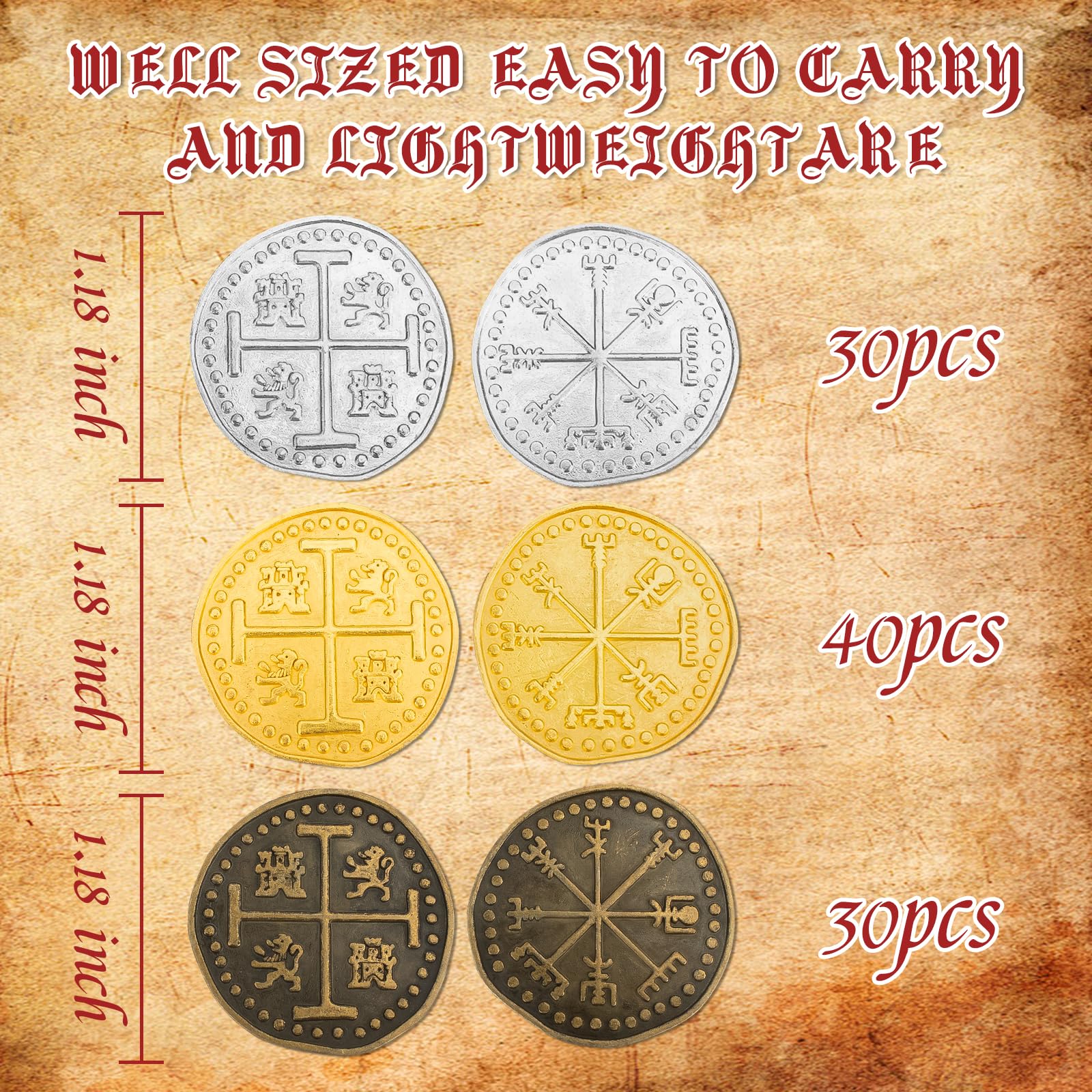 Byhoo 100 Pcs Metallo Pirata Token Set Monete Set Realistico Tesoro Spagnolo Monete per Pirati Scrigno del Tesoro Caccia del Tesoro Cosplay Giocattoli Da Tavolo