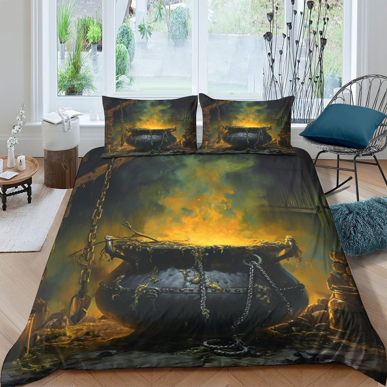 P5V6M1Q9 3D Printed Witch Cauldron Duvet Cover Microfiber Soft Breathable Fire Fantasy Bedding Set with 2 Pillowcases for Bedroom Decor Single（135x200cm）