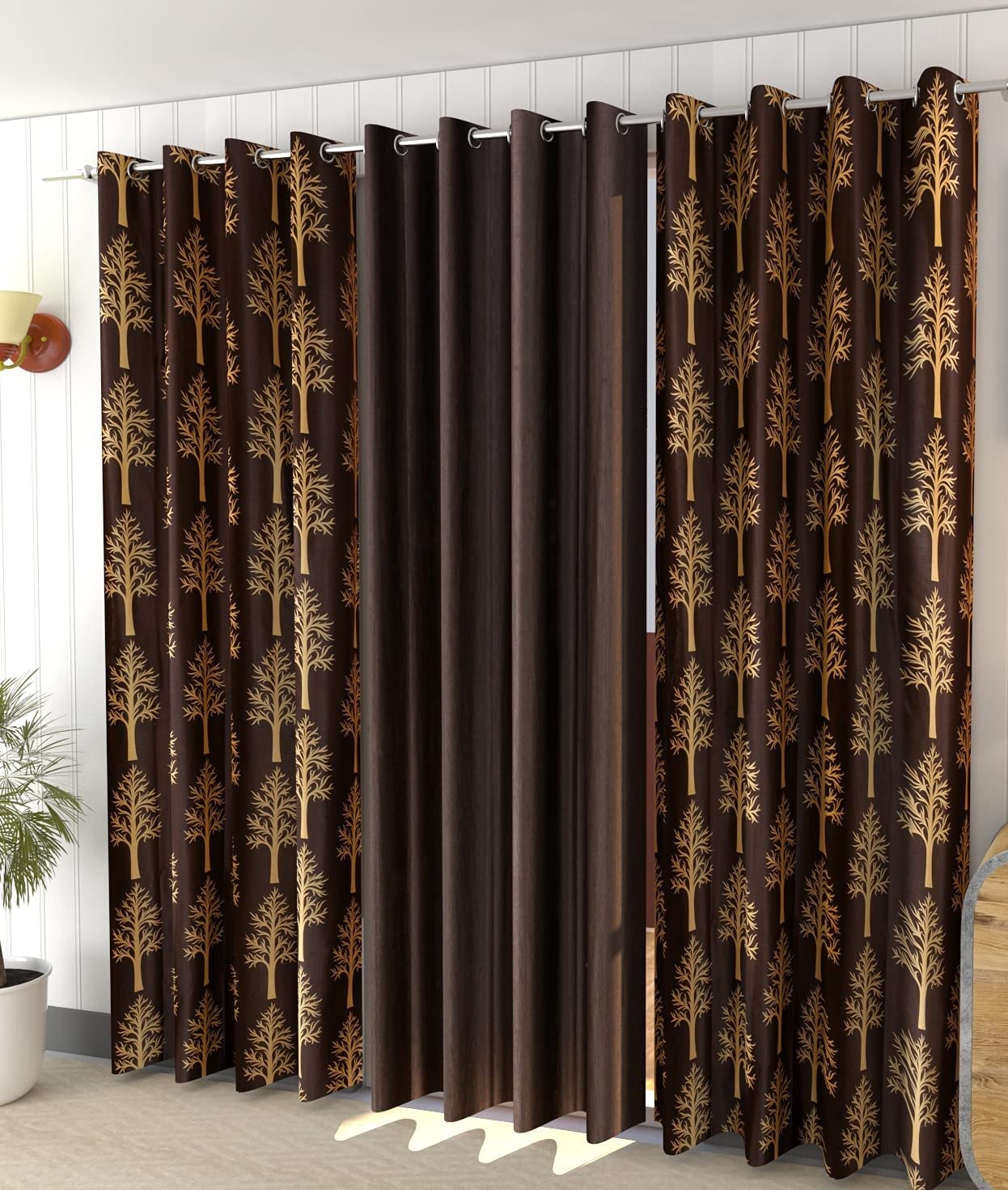 Soulful Creations 3 Piece Combination Polyester Floral Curtains (Modern, Brown Tree Printed, Door 8 FEET)