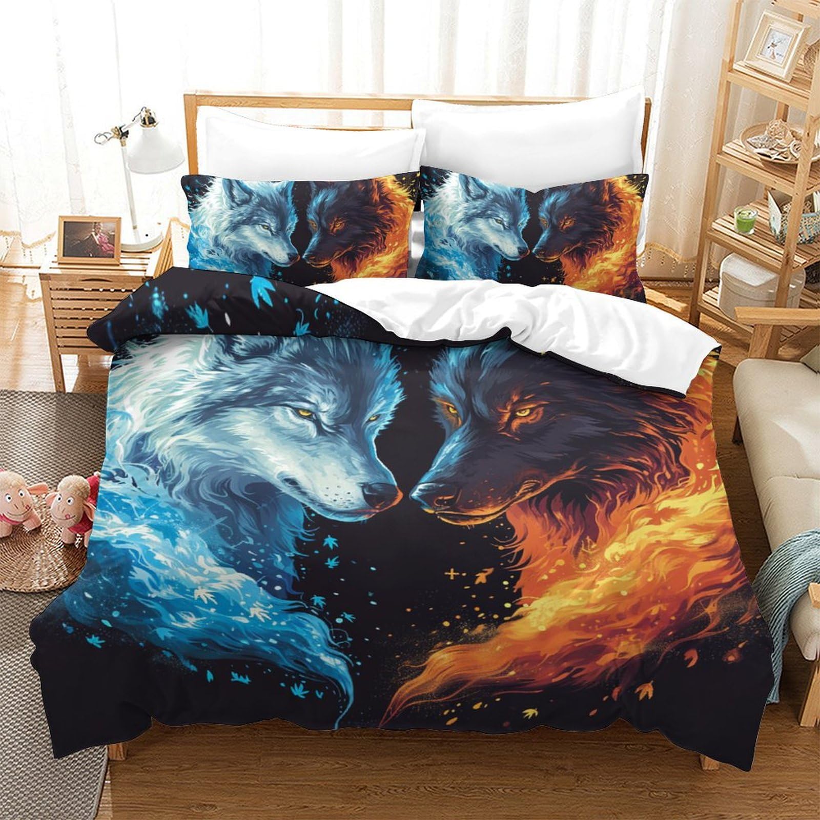 Housse de couette loup 3D 200x200 parure de lit 3 pièces microfibre