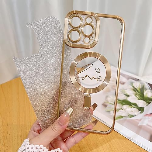 Vista 368 de Fiyart - Funda transparente magnética con purpurina para iPhone 12 para mujeres, con grabado "Love" metálico, protección para cámara y antigolpes