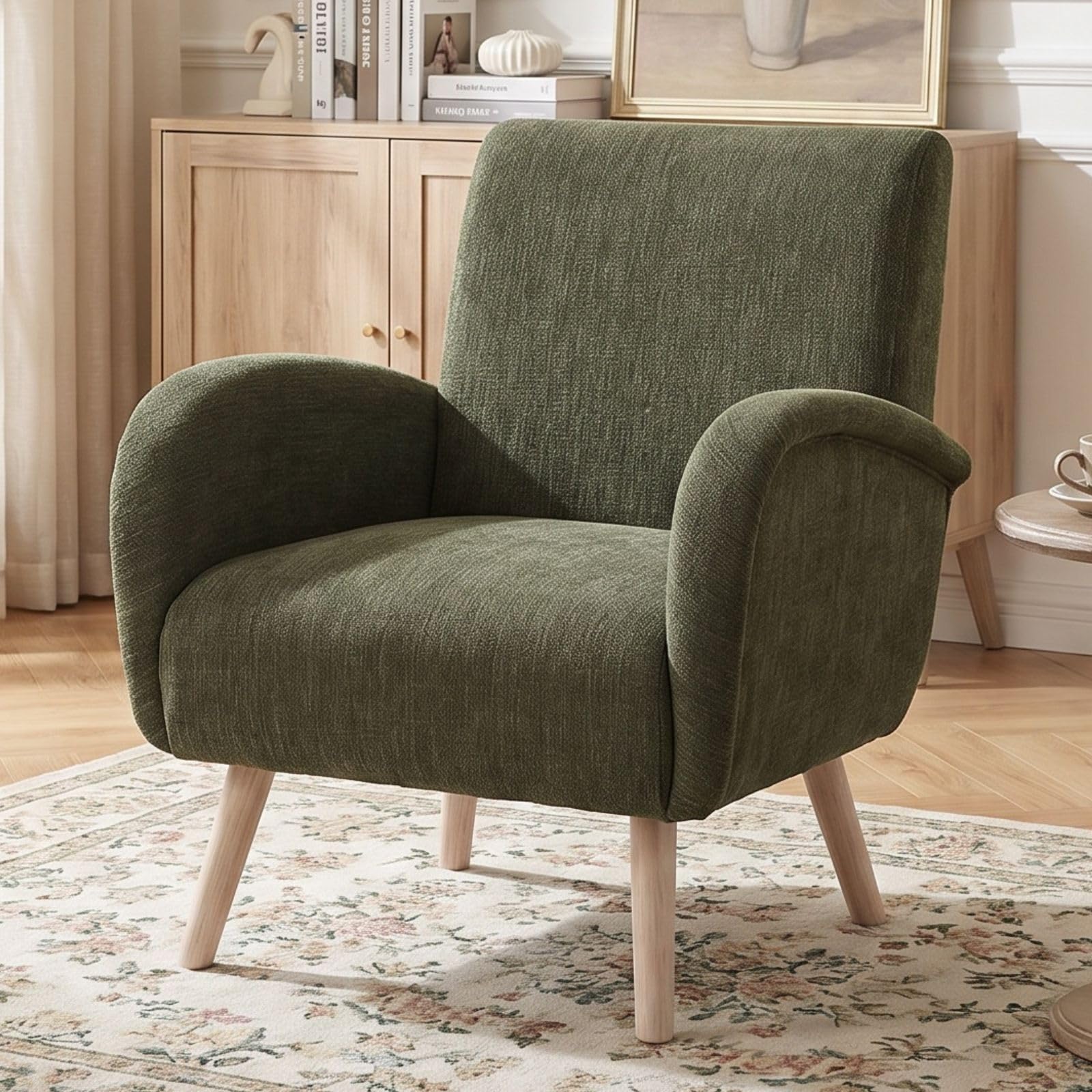 chairus Armchair for Living Room Chenille Accent Chair Single Upholstered Lounge Tub Chair with Wooden Legs (Green) — image 1