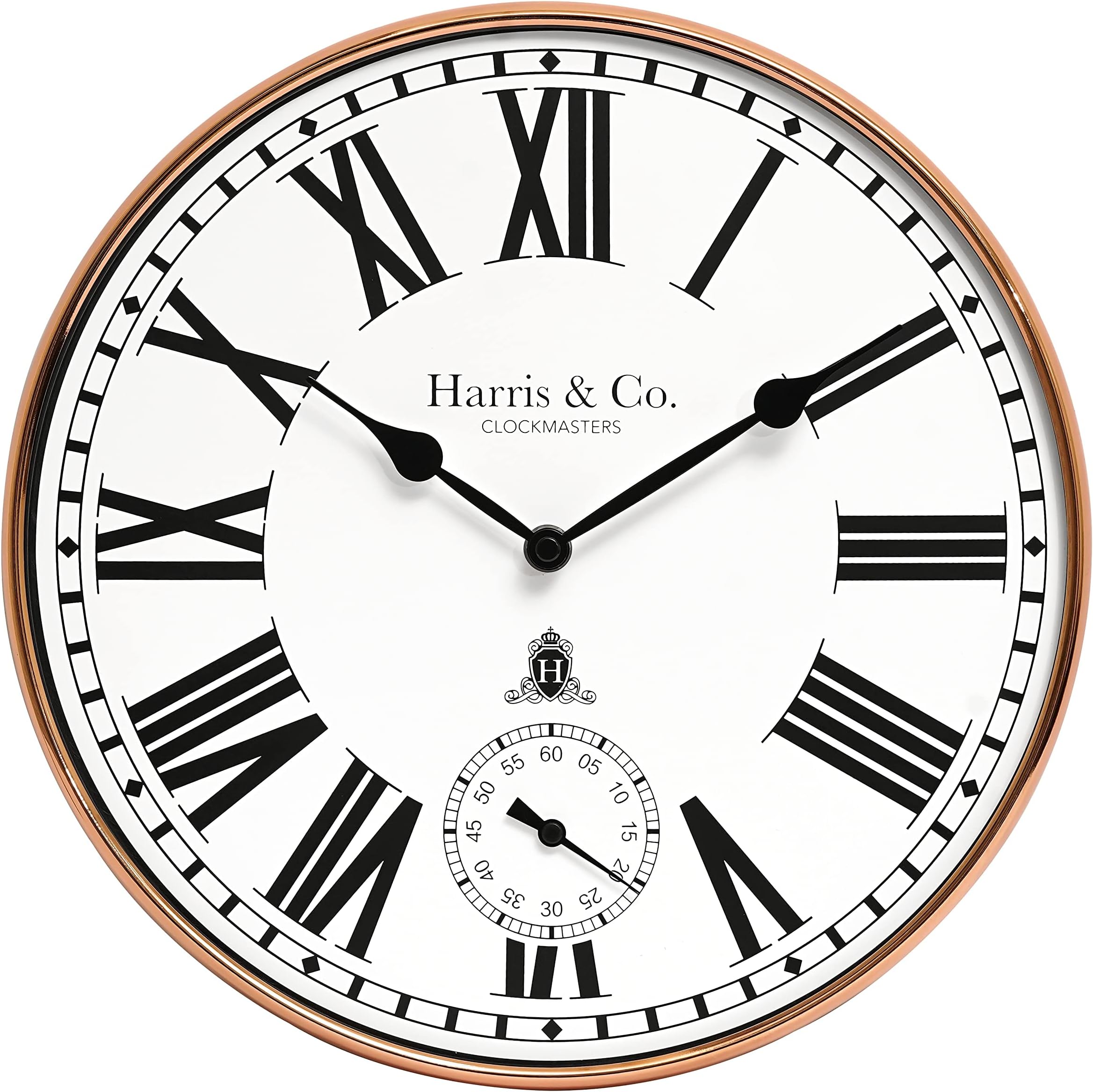 HARRIS & CO. CLOCKMASTERS Premium Metal Analog Wall Clock with Sub-Second Dial (12 Inch) (Rosegold, with HD Clear Curved Glass)(Silent Sweep Movement Technology)(Fleet Street in Rose)