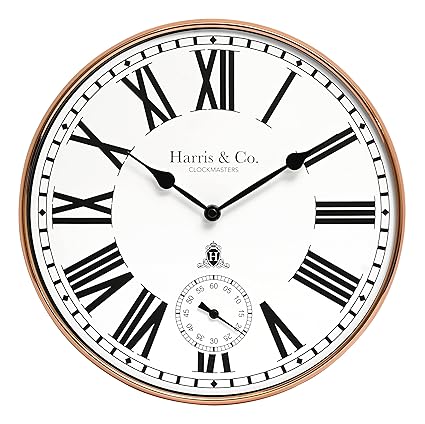 HARRIS & CO. CLOCKMASTERS Premium Metal Analog Wall Clock with Sub-Second Dial (12 Inch) (Rosegold, with HD Clear Curved Glass)(Silent Sweep Movement Technology)(Fleet Street in Rose)