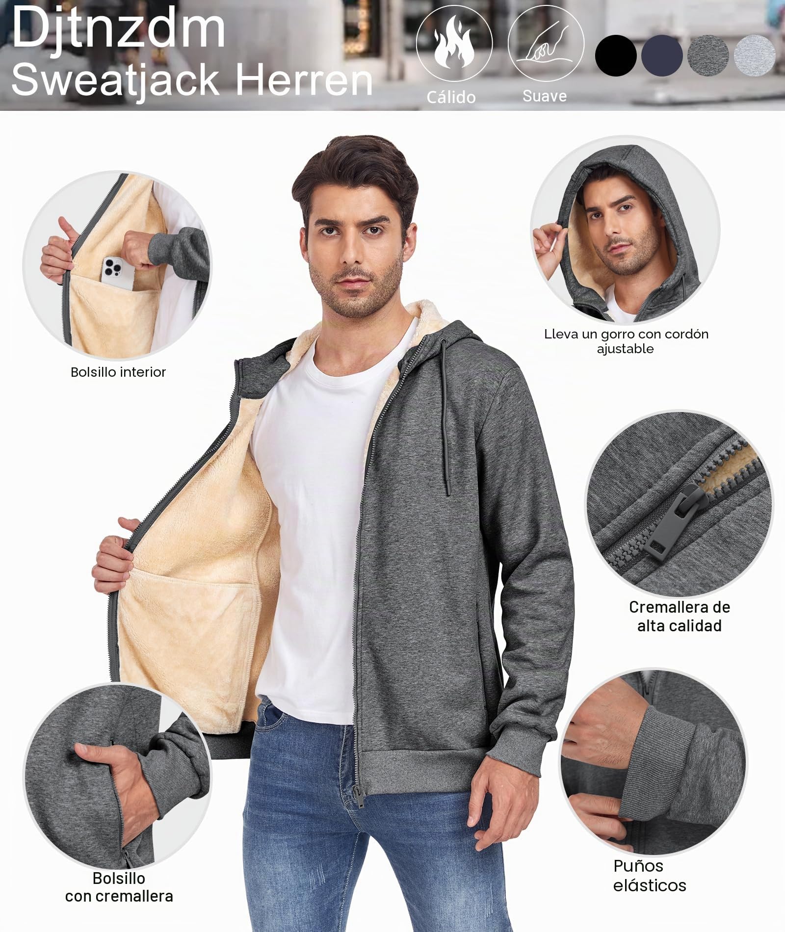 Sudadera Polar Hombre con Capucha Cremallera Hoodie Invierno Vello Caldo Zip Sweatshirt Capucha Hombre Térmica Chaqueta Polar con Bolsillo (Loose Fit)