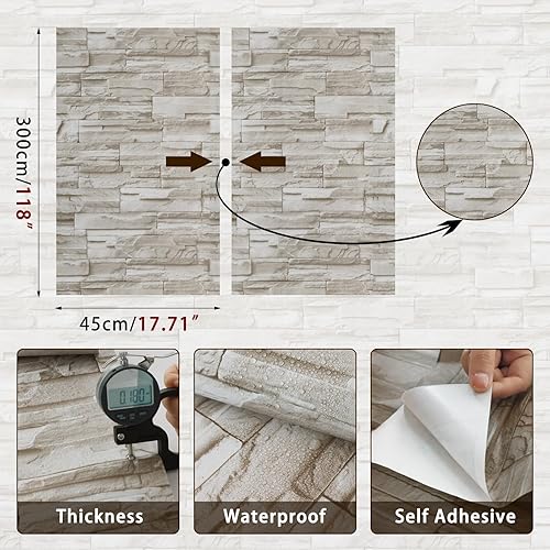Miniatura 3 de ConCus-T Papel tapiz de ladrillos de piedra de contacto papel tapiz de ladrillo de piedra sintética 1772 x 1378 pulgadas autoadhesivo impermeable