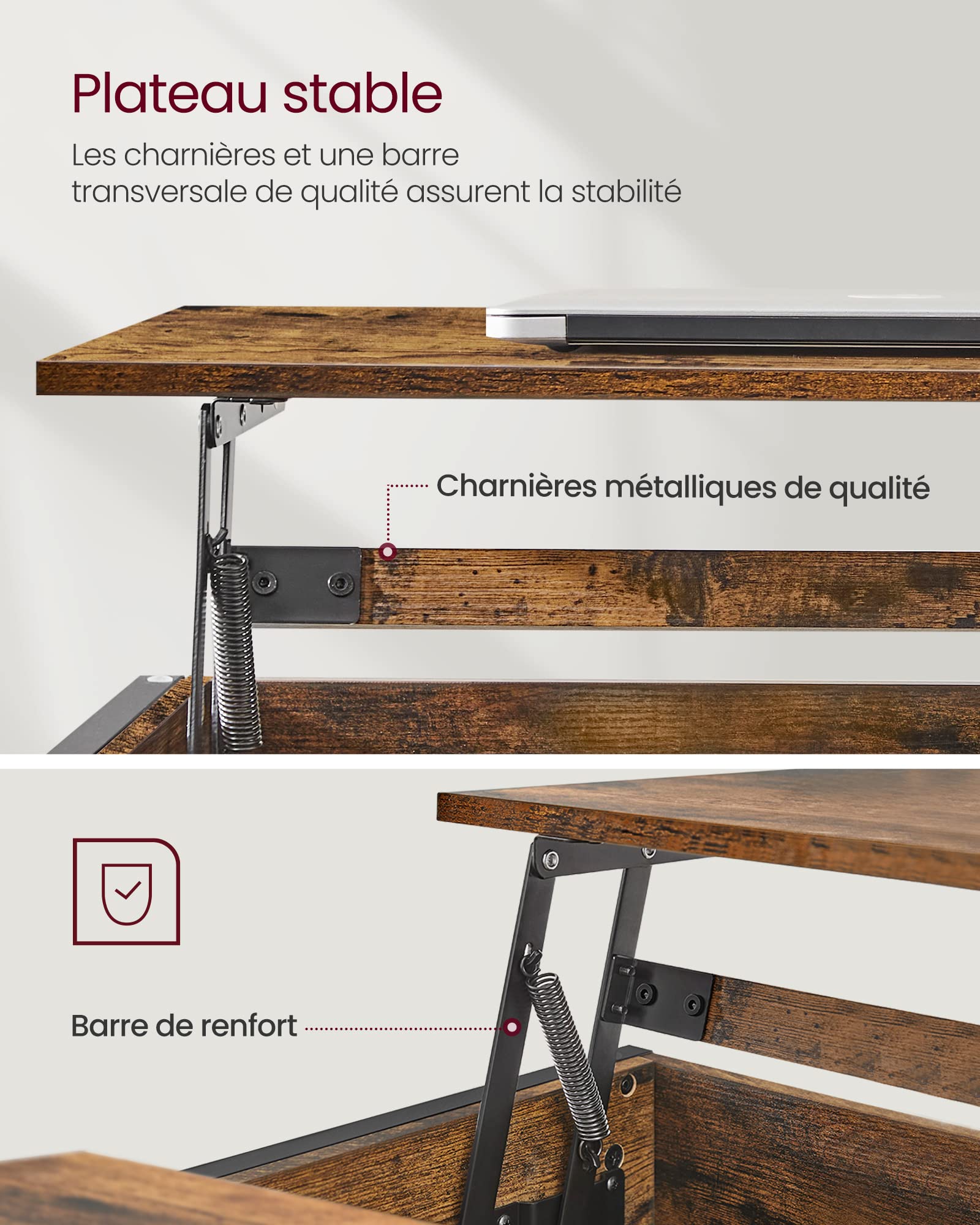 VASAGLE Table Basse, Table de Salon avec Plateau Relevable, avec Rangement Ouvert et Compartiment Caché, Barres en Forme de X, 60 x 100 x (48-62) cm, Marron Rustique et Noir LCT205B01