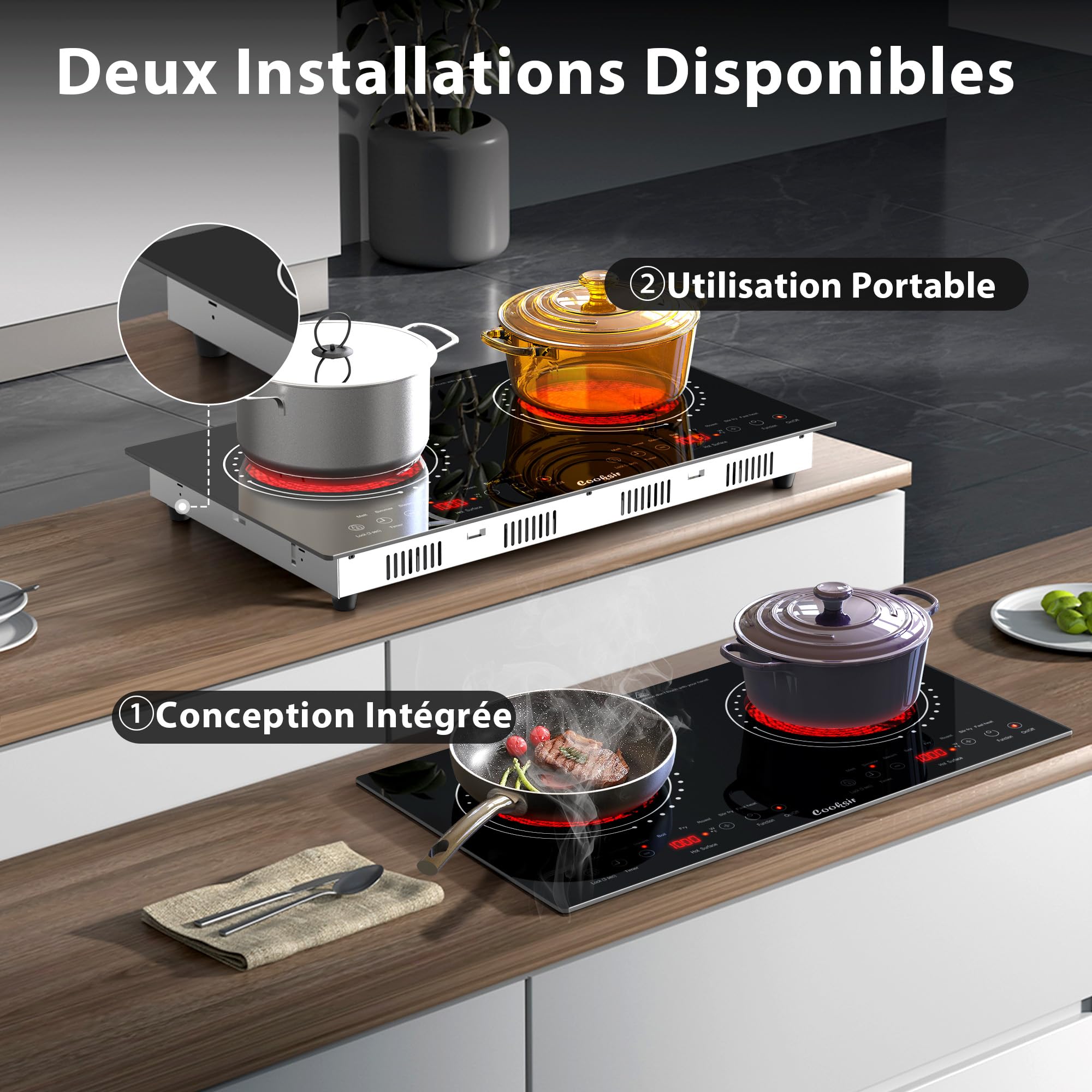 Plaque Vitrocéramique 2 Feux avec Prise | Portable et Encastrable, 3600W, 60cm, 650℃ Max, Sécurité Enfants, Minuterie 4 Heures, 9 Niveaux de Puissance, 220V