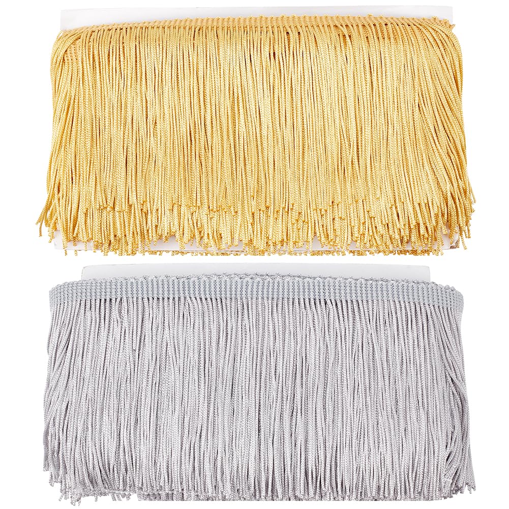 INFUNLY 2 Colors 10 Yards Sewing Fringe Trim - 3.9 Inch Wide Chainette Fringe Trim Lace Nylon Fabric Tassel for Clothes Accessories Latin Wedding Dress DIY Craft Decoration Gold and Grey