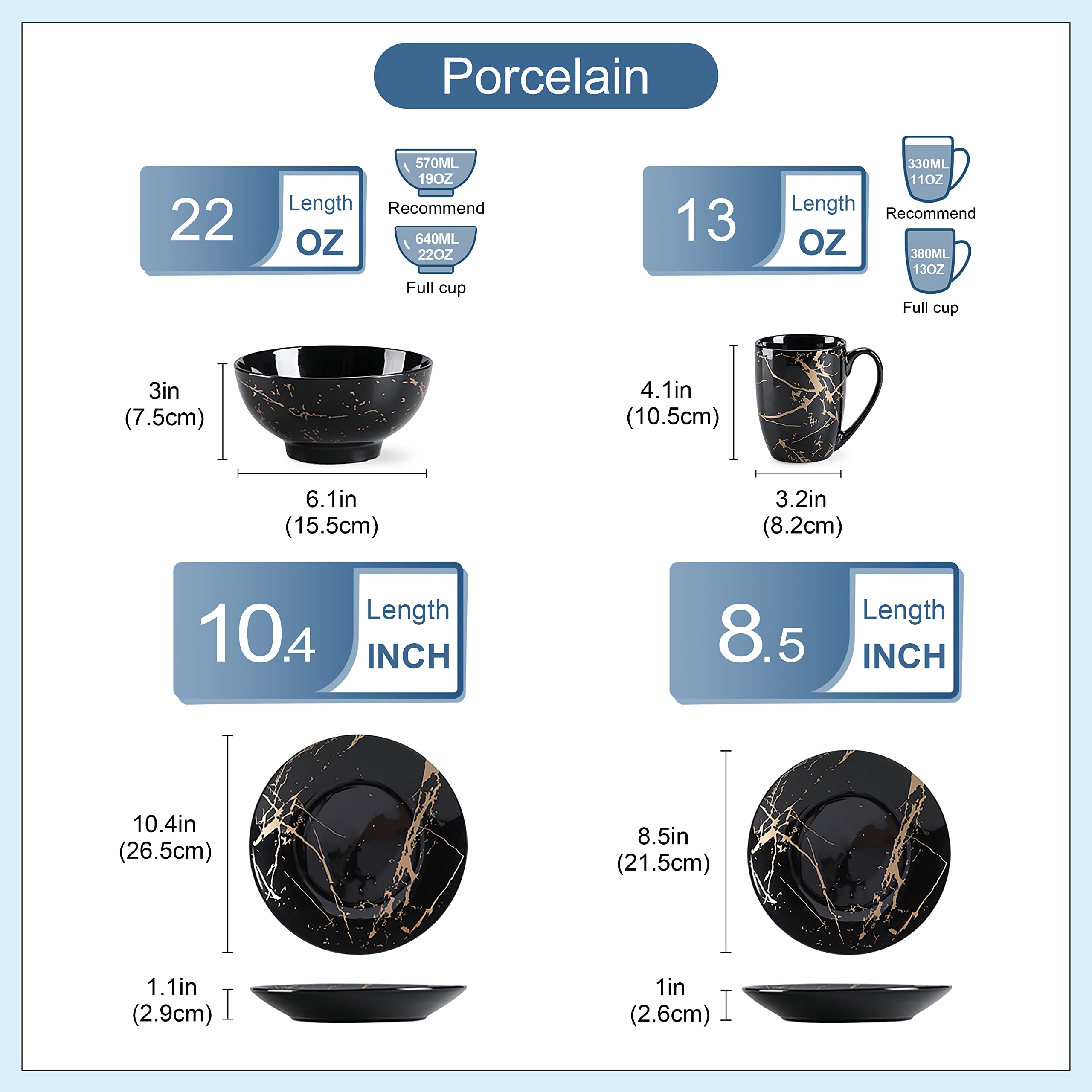LOVECASA Daphne - Assiettes Service de Table Moderne, Vaisselle Complète pour 8 Personnes en Porcelaine, 32 Pièces (Assiettes Plates, à Dessert, Bols à Céréales, à Pâtes) - Design Noir & Doré