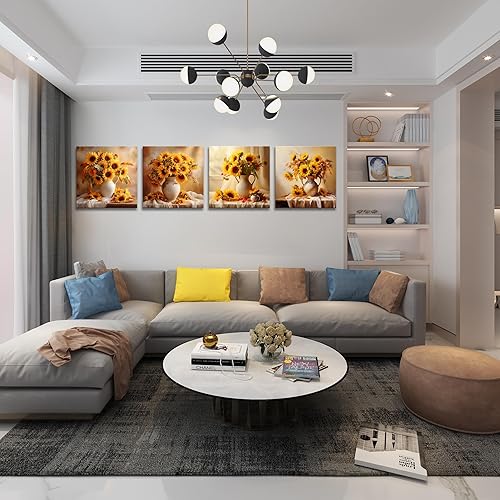 Miniatura 6 de Imágenes de girasoles en lienzo para pared, 4 piezas de jarrón de flores amarillas, cuadros de pared de cocina para decoración de sala de estar,