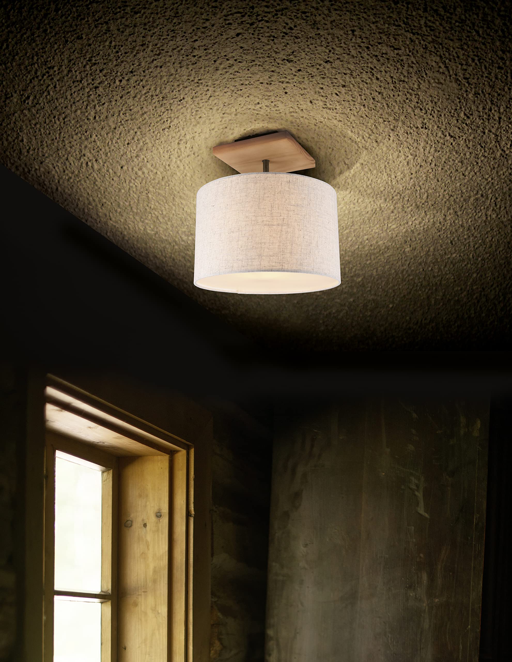 Emil Deckenleuchte, Deckenlampe mit Stoffschirm beige, Baldachin aus Holz Pinie und nickel antik Metall, exkl. E14 max. 60 Watt Leuchtmittel, Höhe: 36 cm