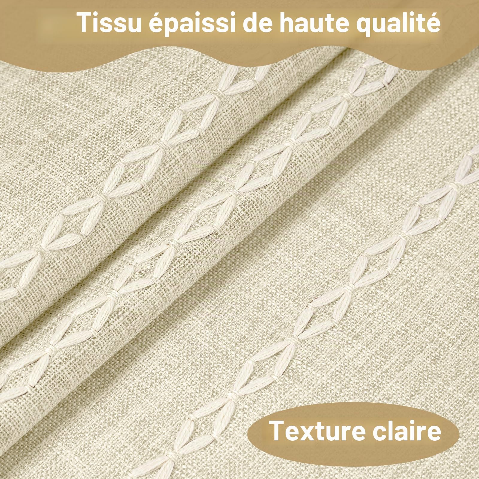 VANZAVANZU Rideau de douche bohème, sans crochets, beige, tissu polyester et lin à rayures avec revêtement imperméable pour salle de bain, style campagnard rustique shabby chic, rideau de douche