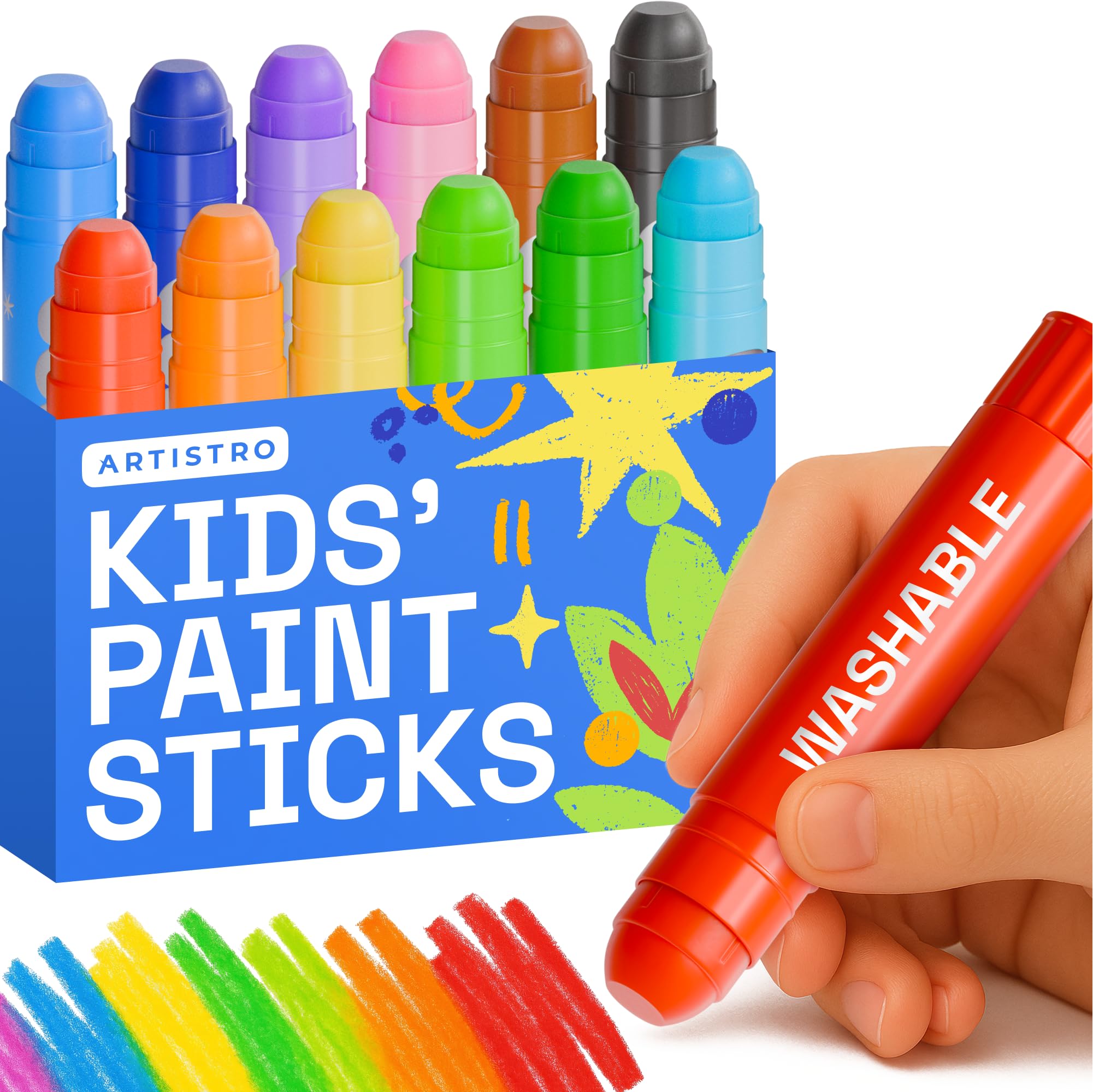 ARTISTRO 100% Washable Tempera Paint Sticks for Kids - 12 Non-toxic Paint Markers for Kids - Color Sticks with Twist Design
