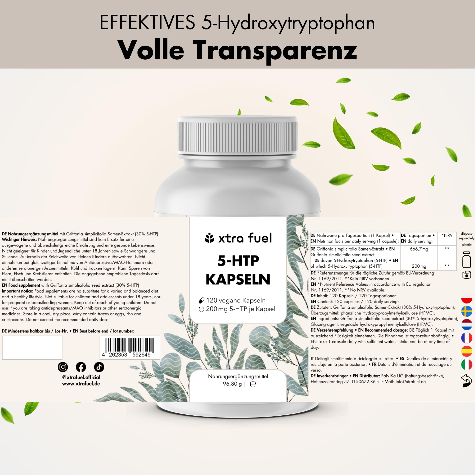 5-HTP - 360 Kapseln mit 200 mg 5-HTP pro Kapsel (hochdosiert) - 30% Extrakt aus natürlichem Griffonia Simplicifolia - laborgeprüft & vegan, pflanzliches 5 Hydroxytryptophan