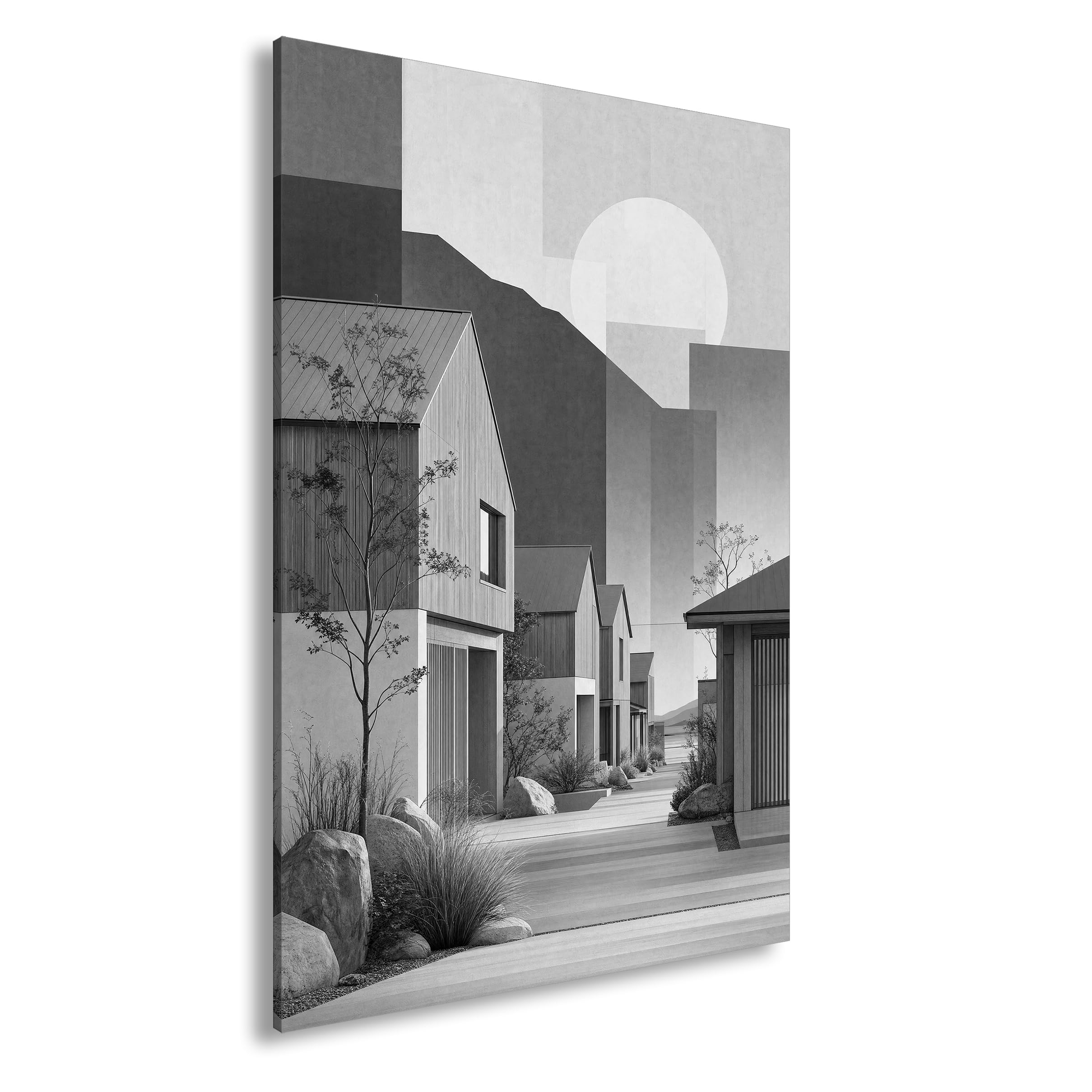 Obraz na płótnie nowoczesne drewniane domy o wschodzie słońca 80 x 60 cm czarno-biały