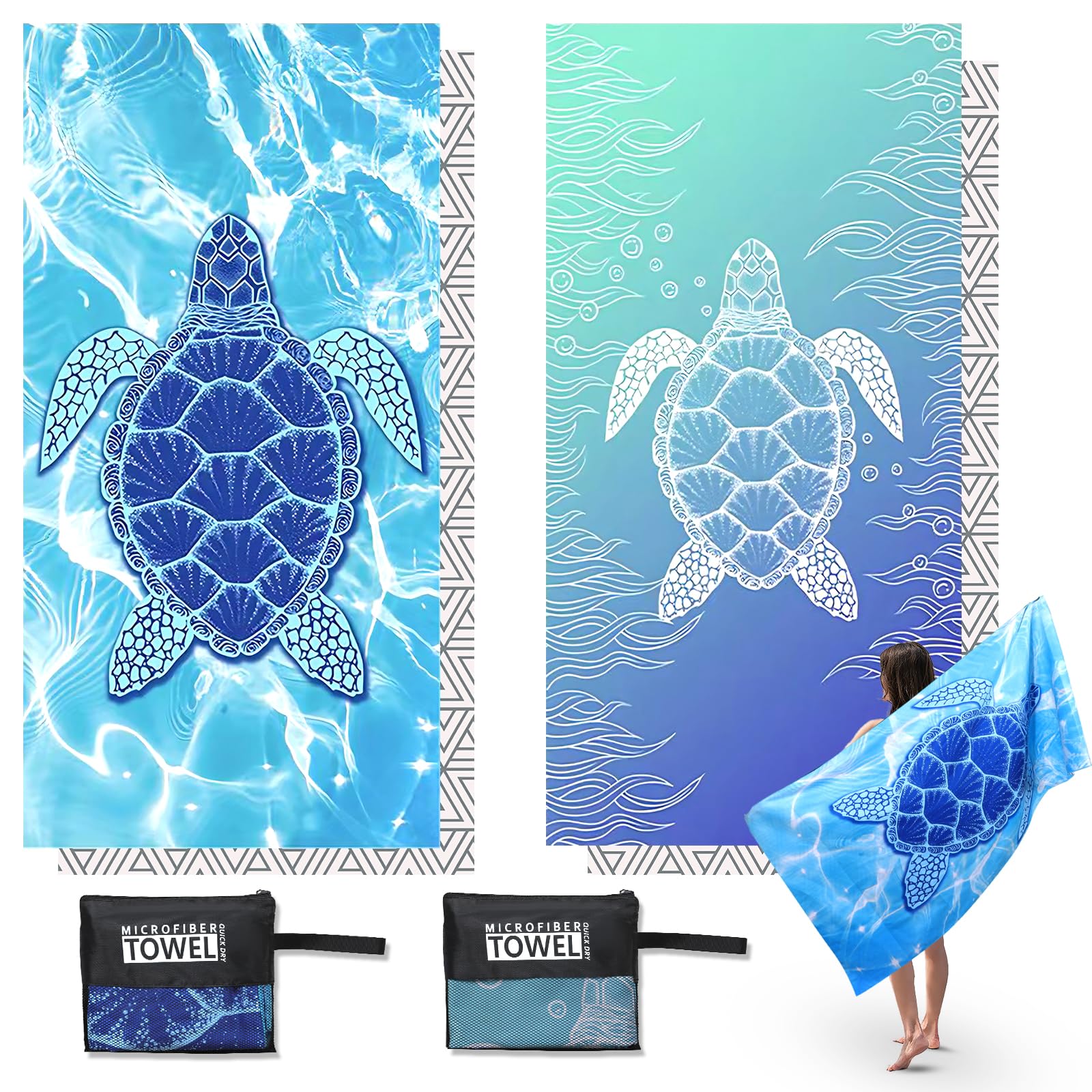 2 Pack Microfibre Beach Towels for Adults Extra Large, 180 × 90 cm Quick Dry Beach Towel with Double Side Print, Lightweight Beach Towel with Net Bag, Sand Free Microfiber Towels for The Beach