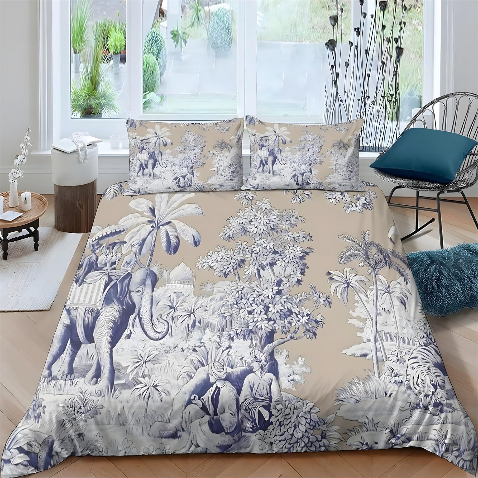 Ypthriline Super King Duvets Set Tropical Animals Bedding Set Microfiber Illustration Duvet Covers with Pillowcases Reversible Bedding With Zipper Closure 260x220CM