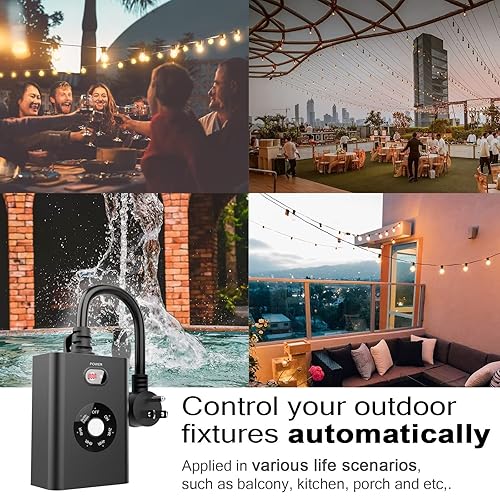 Miniatura 29 de Temporizador para exteriores con sensor para luces del atardecer al amanecer, enchufe impermeable con 2 tomas de tierra para decoración navideña