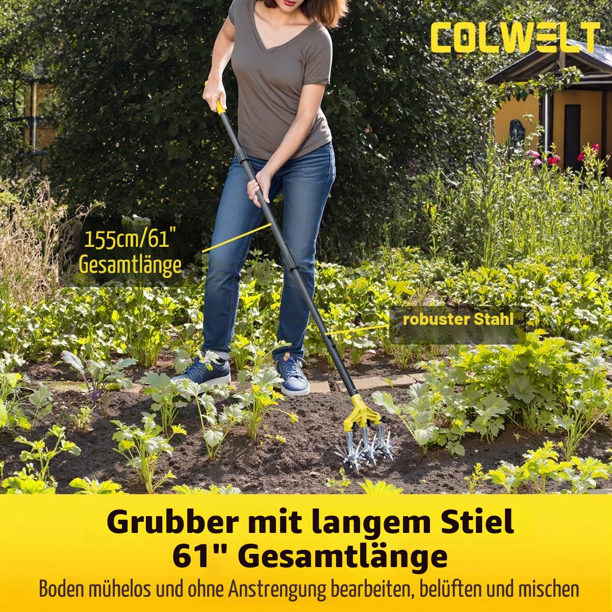 Colwelt Drehbarer Kultivator, Gartenwerkzeug, 154 cm, Handfräse, Gartenwerkzeug mit abnehmbaren Aluminiumzinken, Grubber für Gartenerde oder Nachsaat von Gras, manuelle Kultivatoren und Fräsen für