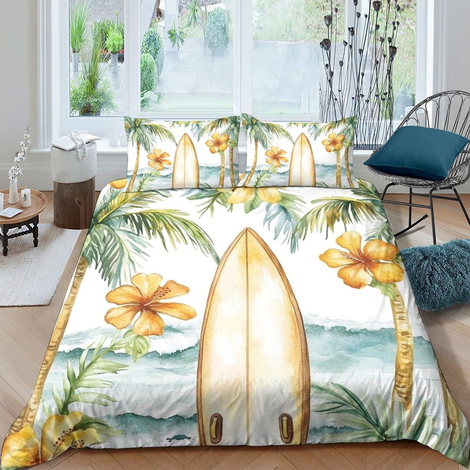GPLZQXKJNH 3D Printed Tropical Surfboard Duvet Cover Microfiber Soft Breathable Palm Beach Bedding Set with 2 Pillowcases for Bedroom Decor Single（135x200cm）