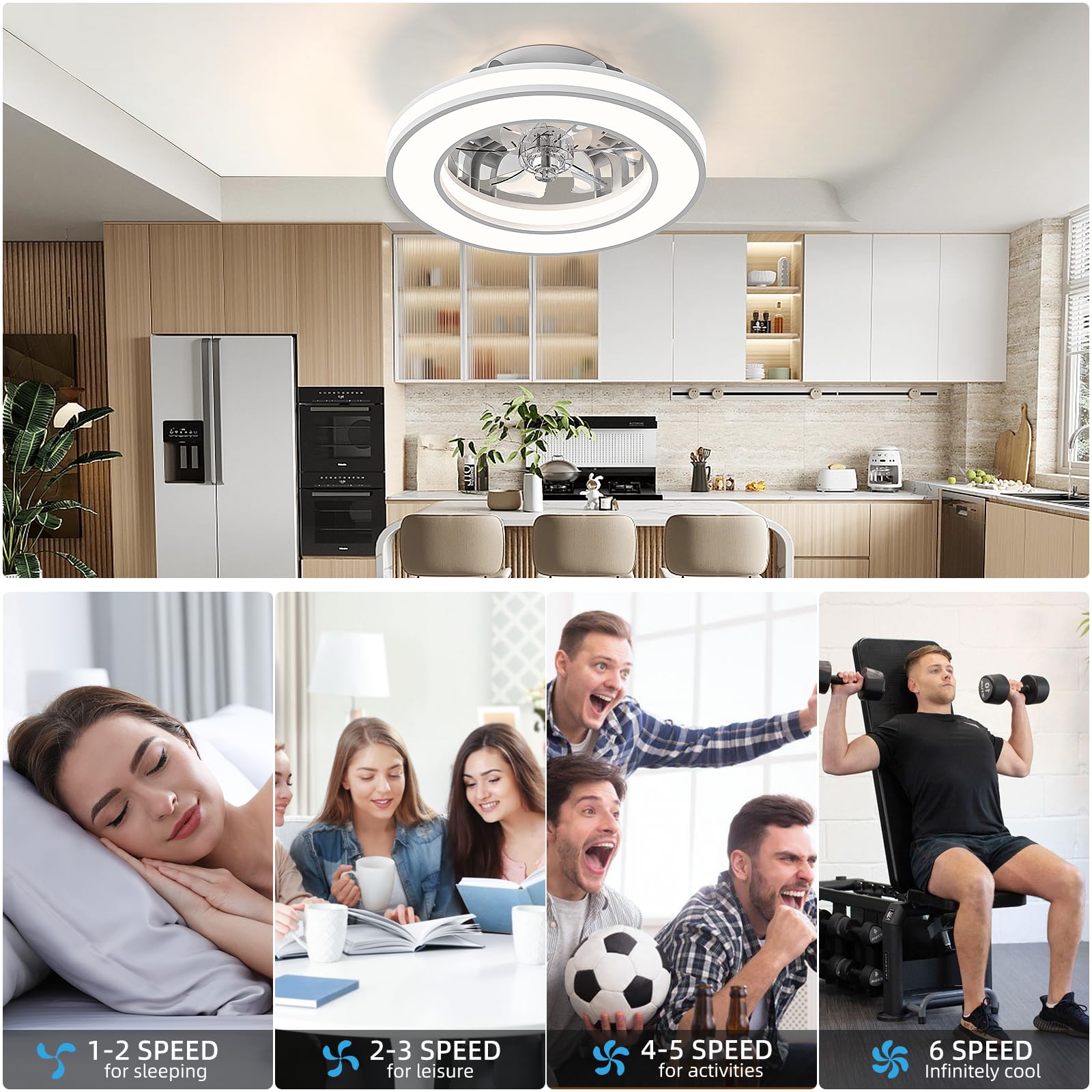 Ateroll Ventilatore da Soffitto con Luce Ø41.5CM, DC 25W LED 25W Dimmerabile 3CCT (3000K-4000K-6500K), 6 Velocità, Timer, Memoria di Illuminazione, Adatto per Camera da Letto, Soggiorno