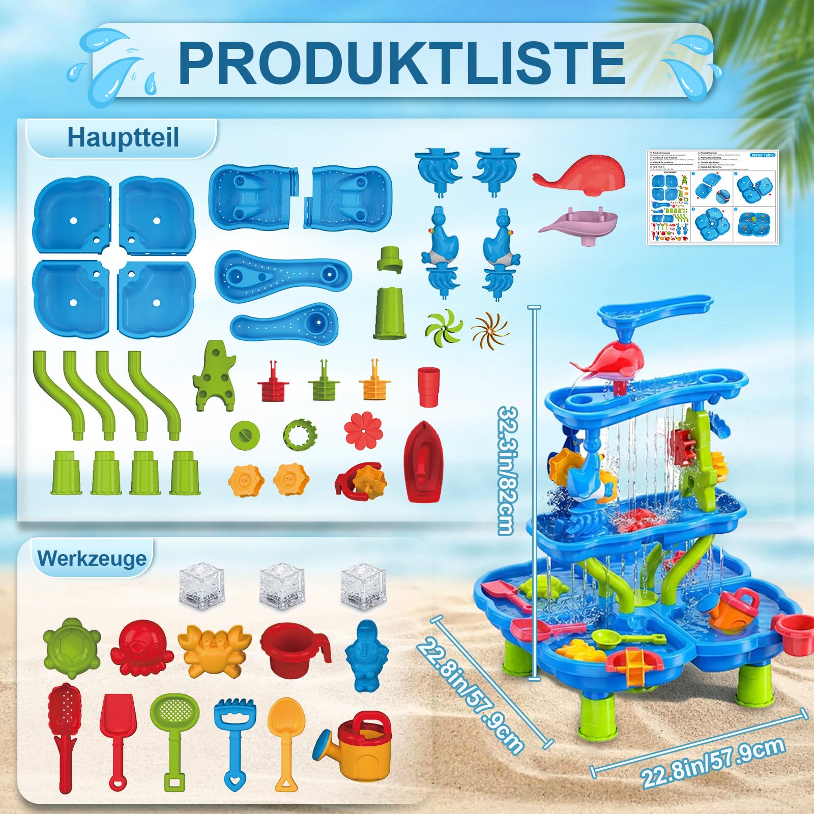 Wasserspieltisch Kinder, 4-stufiger Sand- und Wasserspieltisch mit Sandkasten-Zubehör, Großer Wassertisch für Garten, Strand und Sommer, Wasserspielzeug für Kinder ab 3 Jahren