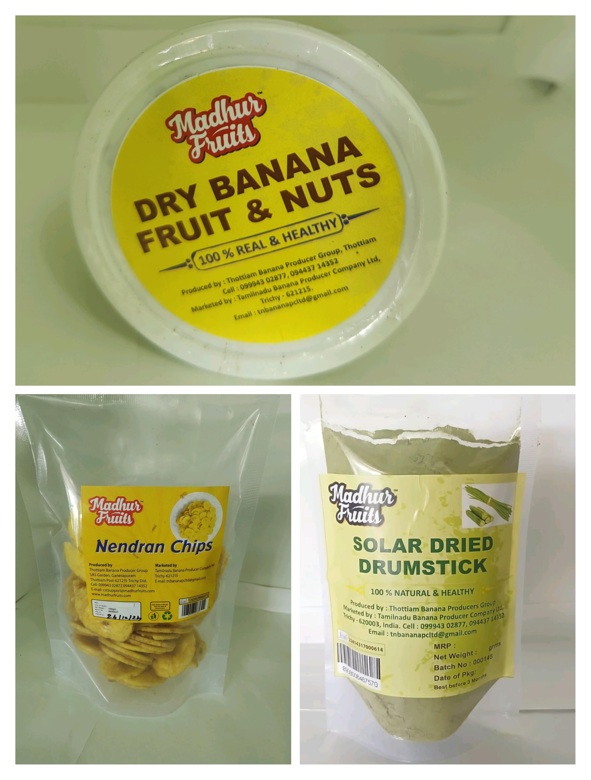 Madhur Fruits Banana Chips Nendran - Salted, Solar Dried Drumstick Powder, and Dry Banana Fruit and Nut Combo – A Savory and Nutritious Trio for Snacks and Meals