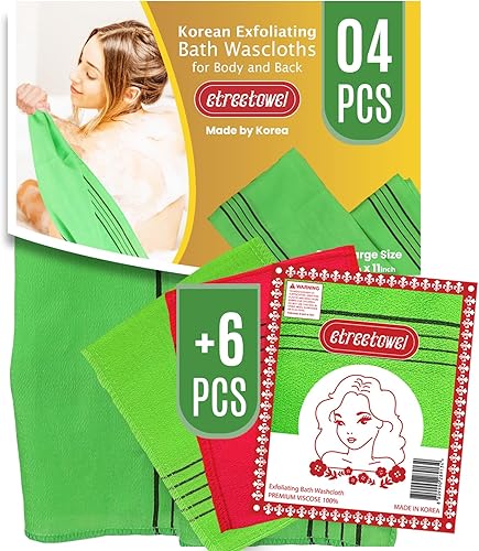 etreetowel - 6 paños exfoliantes coreanos asiáticos antiencogimiento con 4 piezas de tamaño extra grande 35.4 x 11 pulgadas