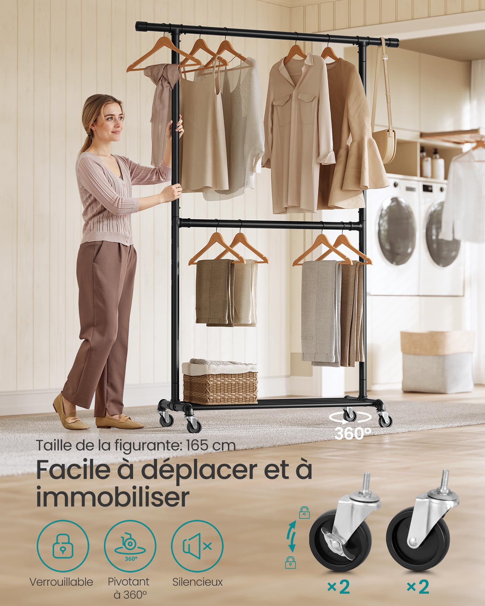 SONGMICS Portant à Vêtements, Capacité de Charge 110 kg, Porte-manteau sur Roulettes, Porte-vêtements Mobile, Tringle du Milieu Réglable, en Métal, Résistant, Style Industriel, Noir HSR62BK