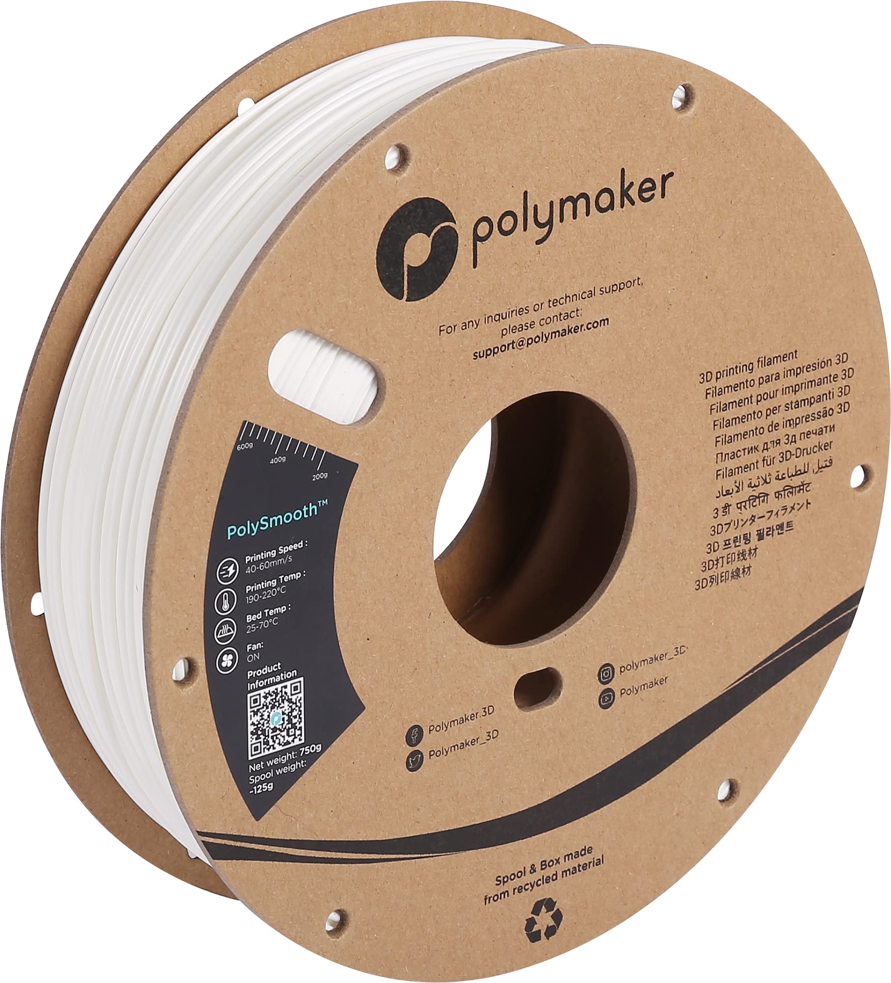Polymaker PolySmooth PVB Filament 1.75mm 0.75kg White - Print Like PLA Filament, Easy Smoothable Post Process with IPA Alcohol, Work with Polysher