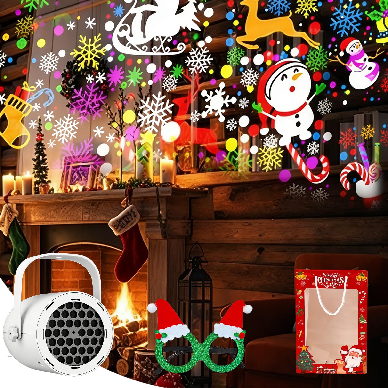 Drbrrly White Christmas Projector Light, 16 Slides Led Xmas Projector Lamp, Waterproof Projection Light Snowflake Snowman Christmas Tree Lights For Xmas Party Decorations (, Christmas Design)