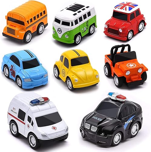 Coches de metal para tirar hacia atrás, paquete de 8 vehículos de juguete de aleación fundida a presión para niños, camiones monstruos de juguete