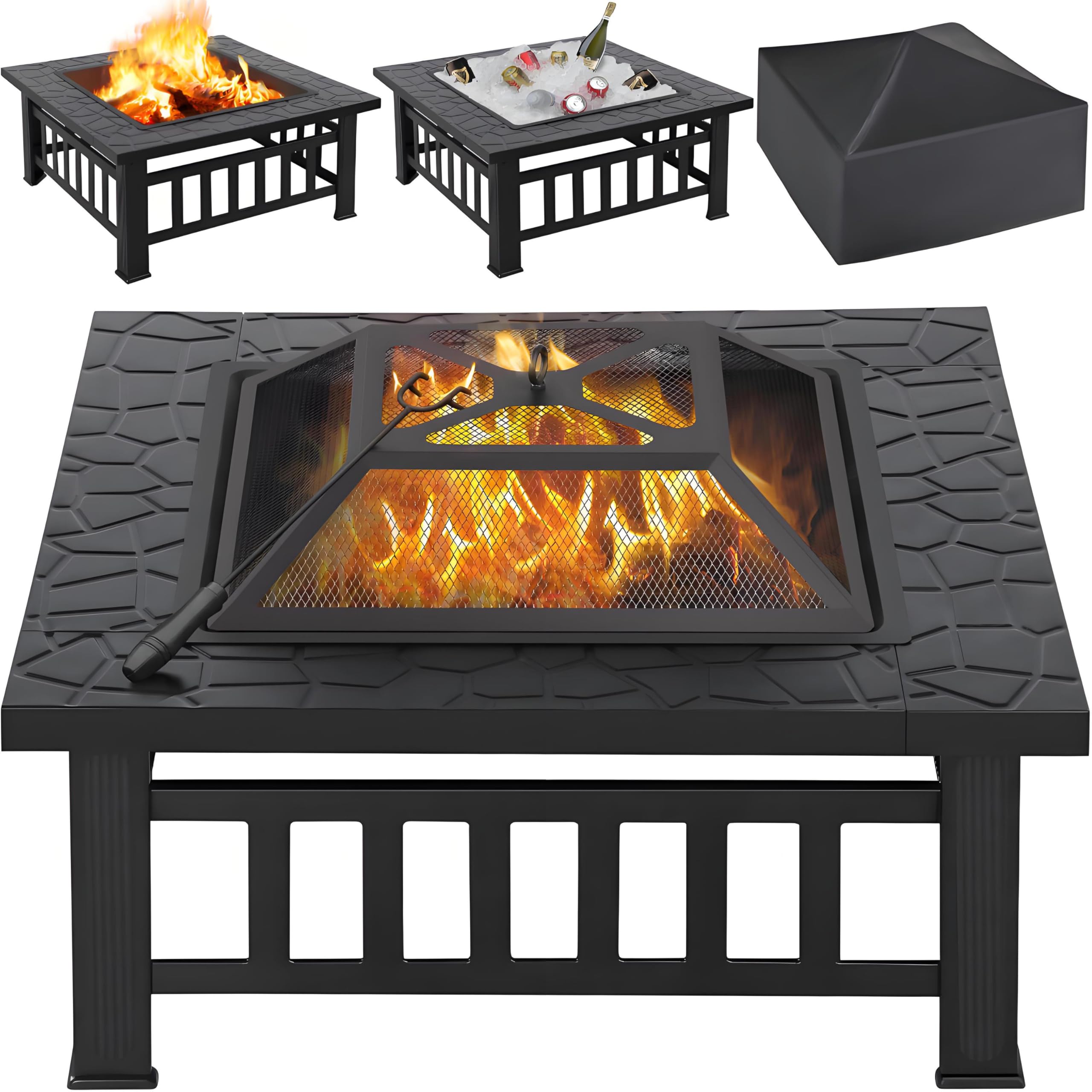 Yaheetech Outdoor Fire Pit 81cm Square Fire pits 3-in-1 Heat-resistant Metal Garden Stove for Barbecue, Heating, Cooling Drinks with Cover & Poker, Black