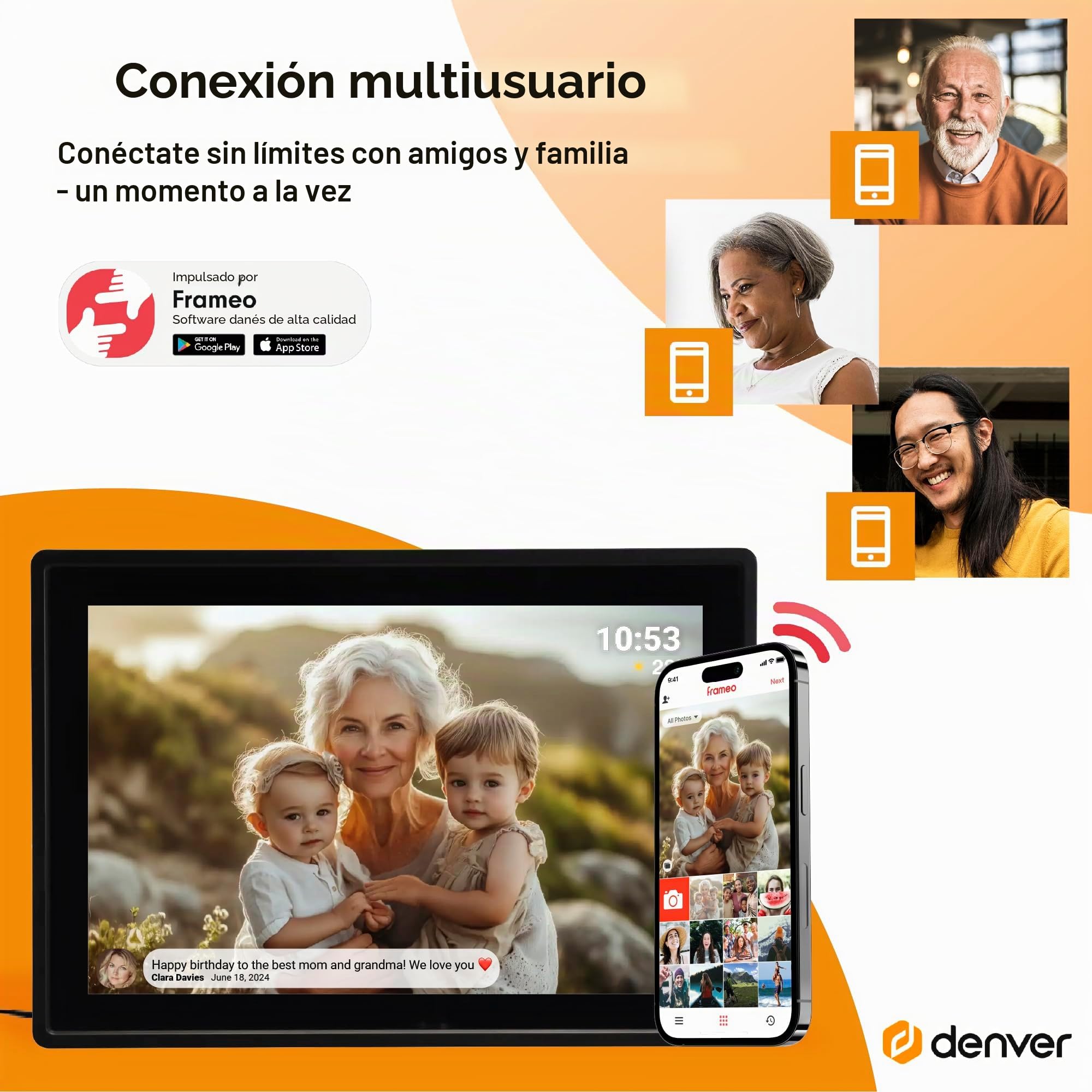 Denver Frameo Marco Digital WiFi 10,1 Pulgadas, Pantalla IPS táctil, 16 GB, App Frameo, Color Negro