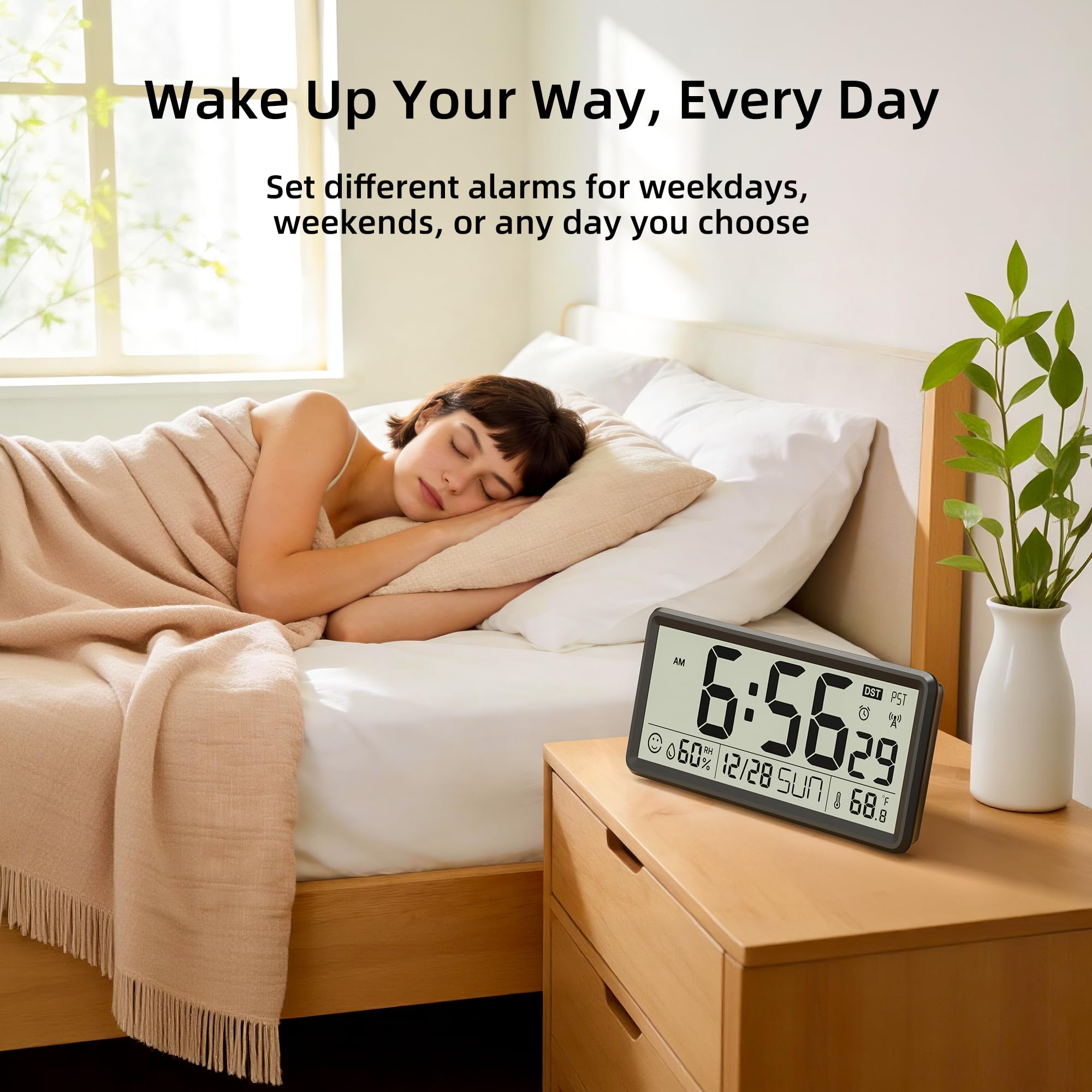 EASYERA Reloj atómico grande de 15 pulgadas con temperatura interior y humedad, reloj de pared digital que funciona con pilas, autoajuste con DST automático, para cocina, aula, sala de estar (pilas no