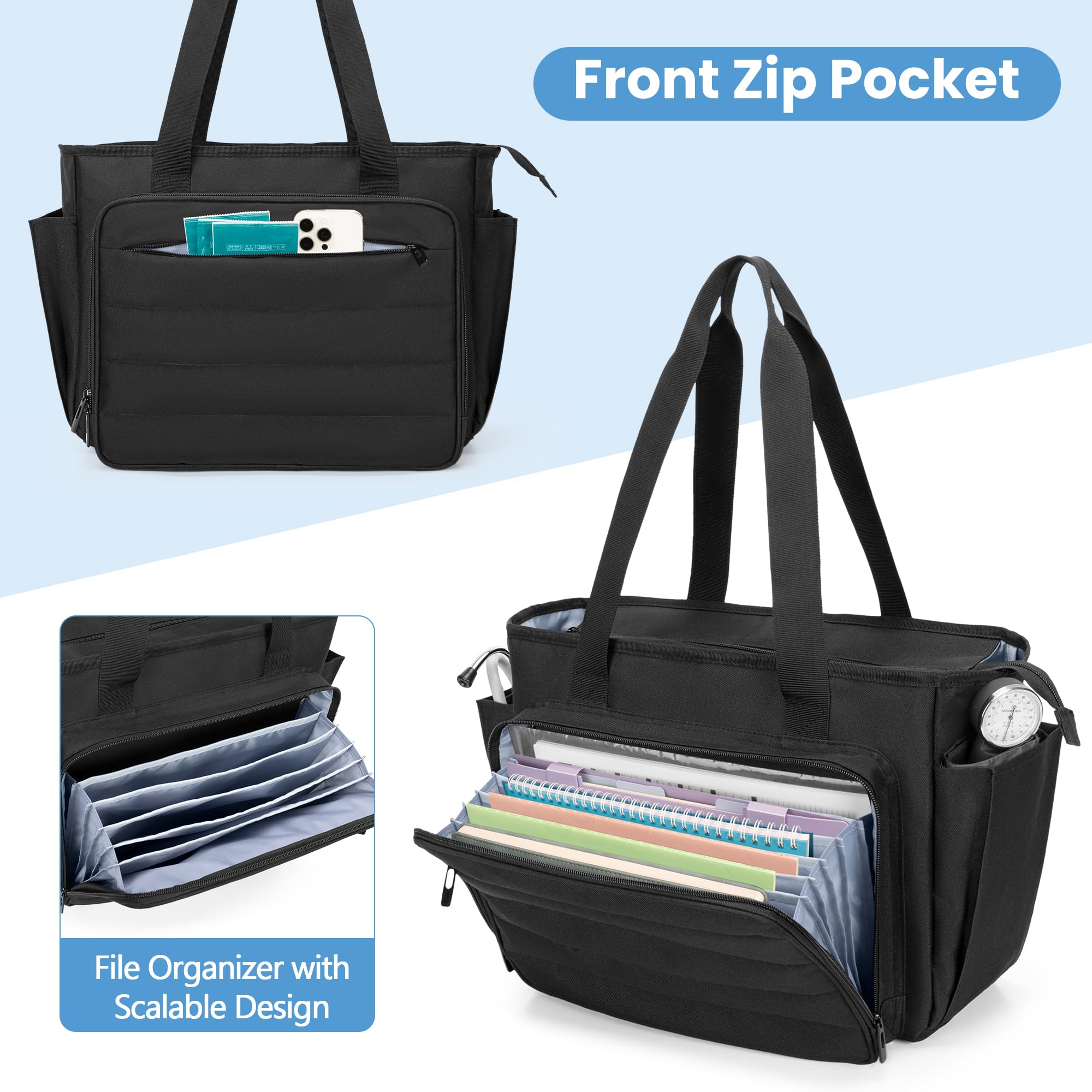 CURMIO Sac de Travail pour Infirmière, Sac Médical Portable avec Pochette Accordéon et Housse pour Ordinateur Portable 15,6", Noir
