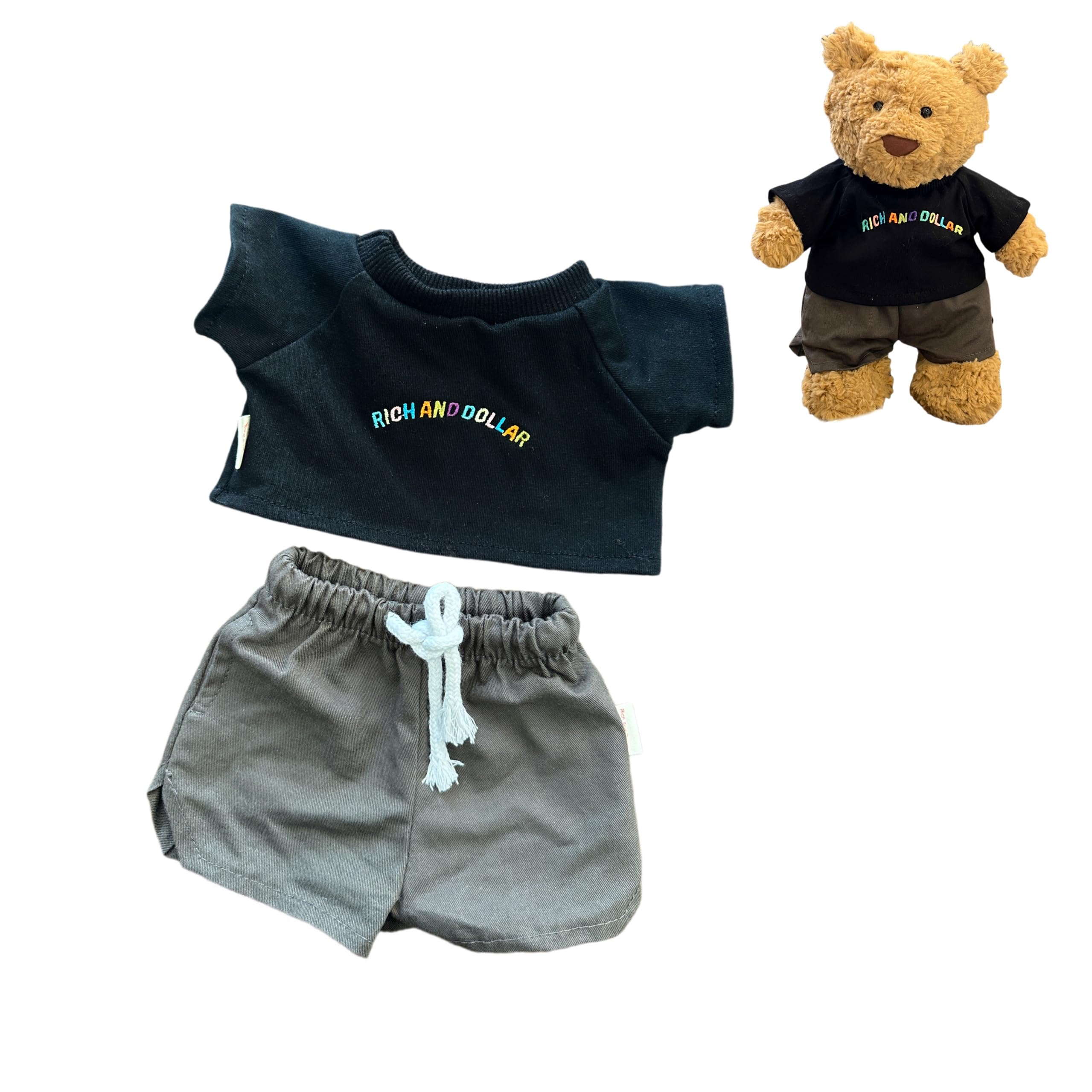 9-12"/30cm Honey Bear Teddybär Kleidung – Passend für 28cm Bumblybear, Medium Bartholomew Bear – 2-teiliges Set mit schwarzem Kurzarm-T-Shirt und Grauer kurzer Hose (OHNE SPIELFIGUR)
