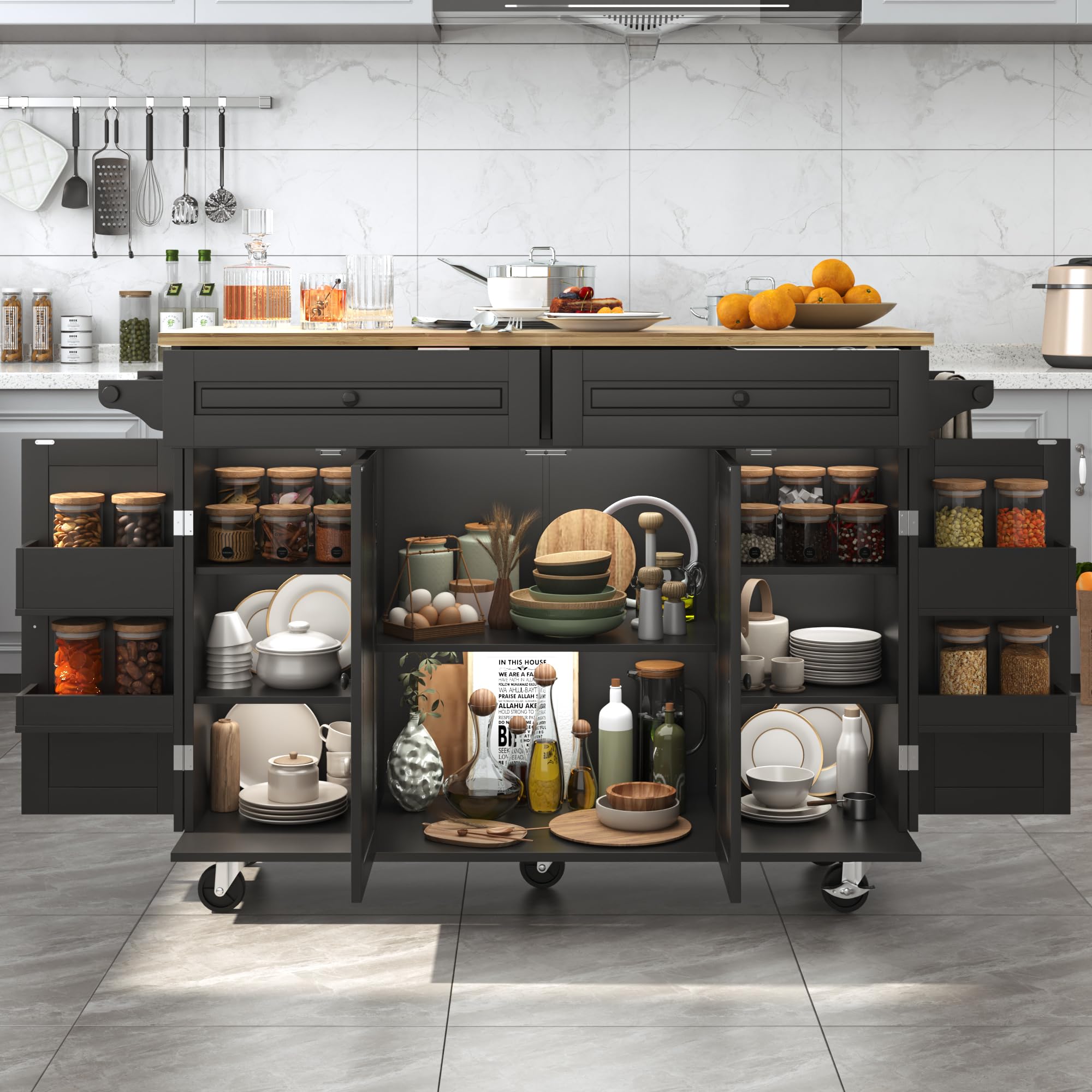 55" Kitchen Cart with Wood Top and Drop Leaf Breakfast Bar, Rolling Mobile Kitchen Island Table on Wheels with Drawer and Storage Cabinet, Spice Rack, Towel Rack, Black