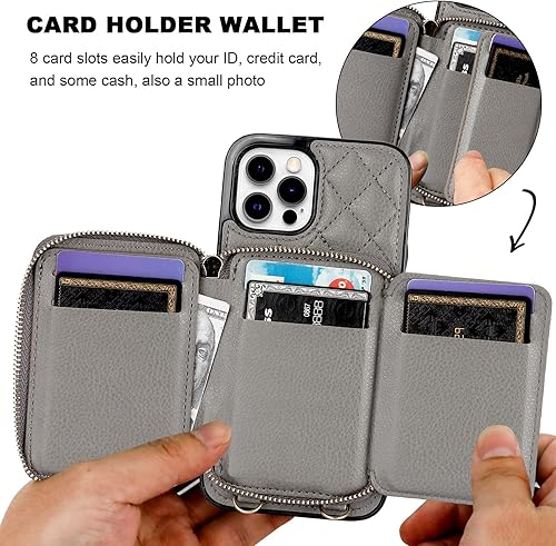 Miniatura 4 de Bocasal Funda tipo cartera cruzada para iPhone 12 Pro Max, con bloqueo RFID, de piel sintética, con cremallera, funda tipo cartera con función atril