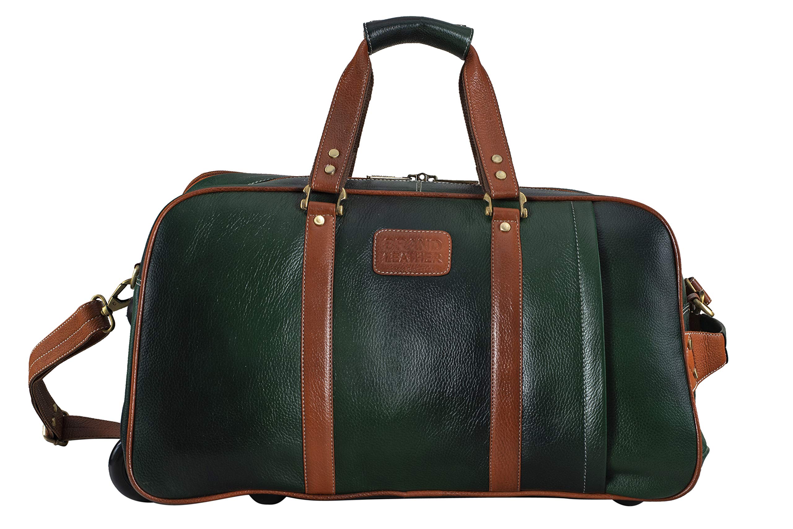 Genuine Leather Luggage Travel Duffle Bag Weekend Rolling Suitcase (GRN & TAN)-image-29