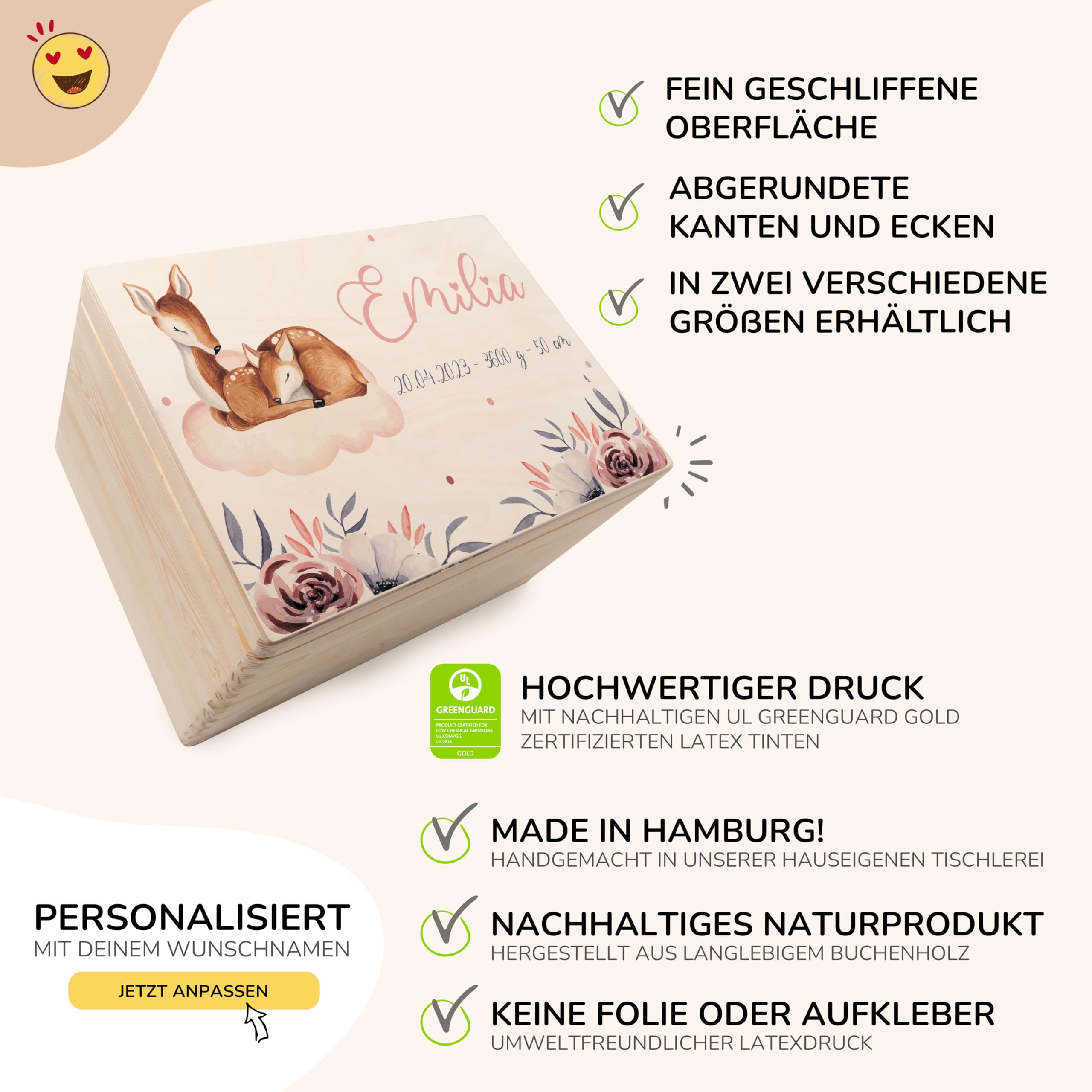 KIDSMOOD - Erinnerungsbox Baby, personalisierte Holzkiste mit Deckel, Ideal zur Aufbewahrung von Erinnerungen und als Geschenk zur Geburt, Taufe oder als Geburtstagsgeschenk für Mädchen und Jungen