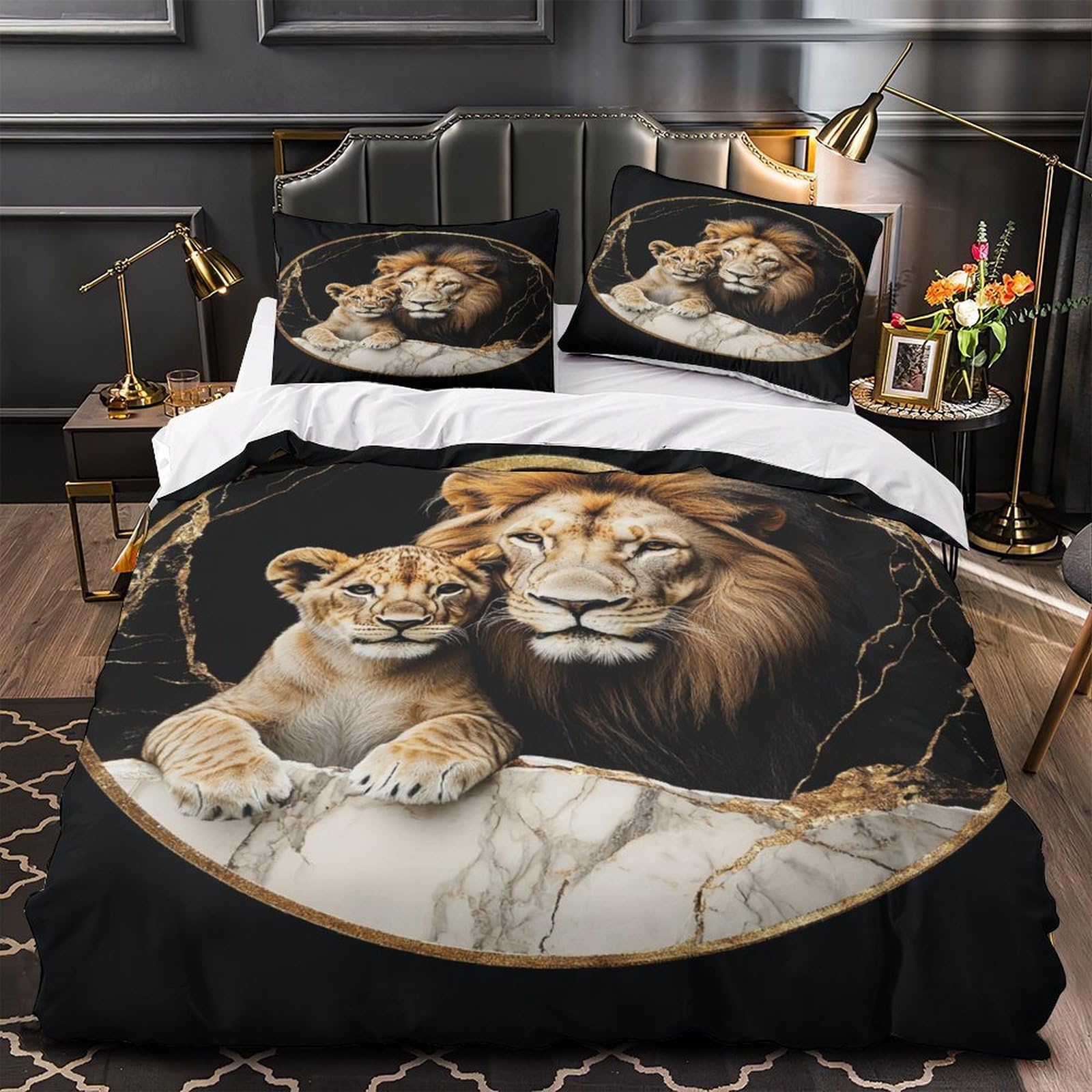 Lion father 3D Digital Print Quilt Cover 3pc Premium Microfibre Stain-Resistant Wild animal portrait Duvet Cover 2 Pillowcases Zip Closure Bed Ensemble Couple Bedroom Single（140x200cm）