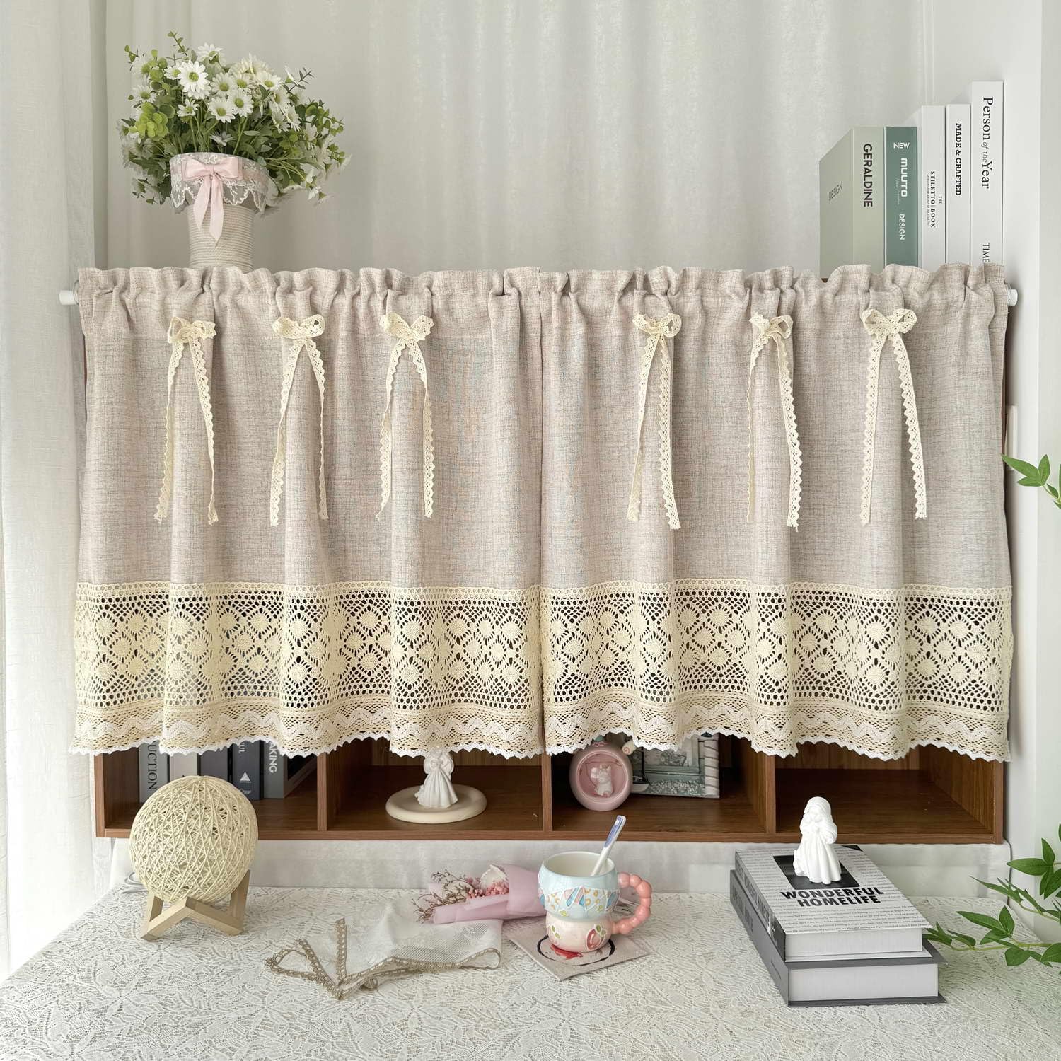 Gxi Faux Linen Valance Crochet Hemline for Windows Bow Kitchen Curtain Rod Pocket Farmhouse Country Rustic Bathroom Small Window Treatment Living Room (1pc 79x24 inch, Natural)