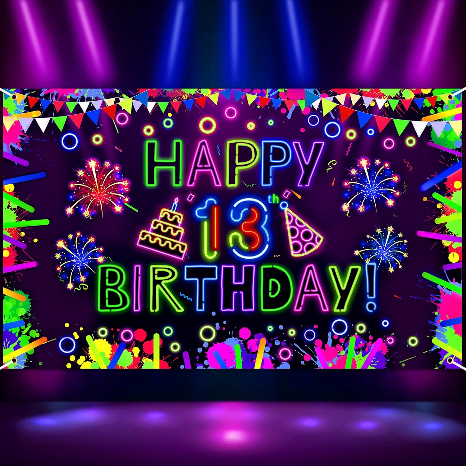 Neon Happy 13th Birthday Banner & Backdrop - Glow in The Dark Party Decorations with UV Black Light Reactive for Let Glow Neon Birthday Blacklight Halloween Party Supplies