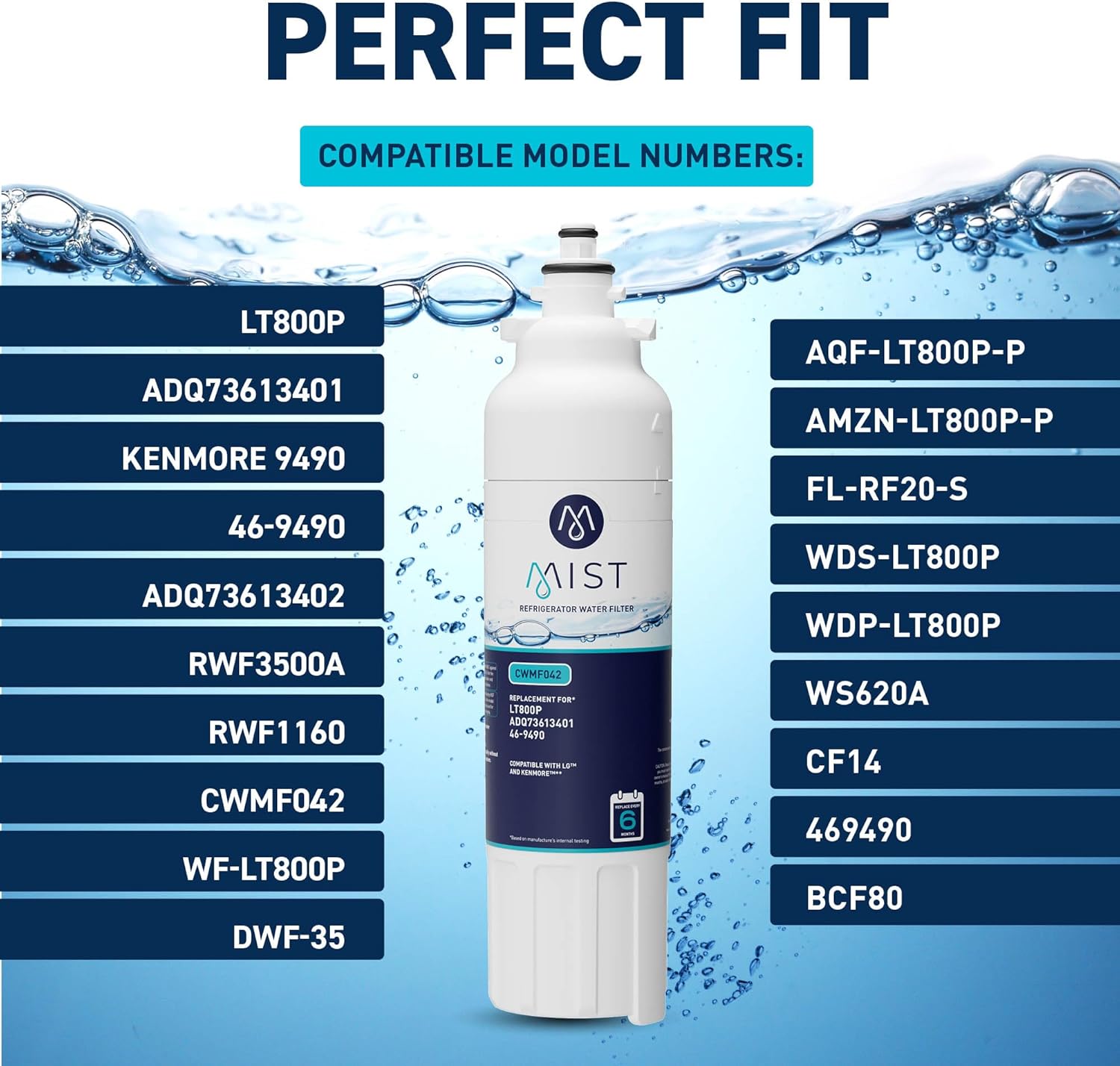 Mist ADQ73613401 Refrigerator Water Filter Replacement for LG LT800P, ADQ73613402, Kenmore 46-9490, Fridge LSXS26326S – NSF 42 Certified – 2 Pack