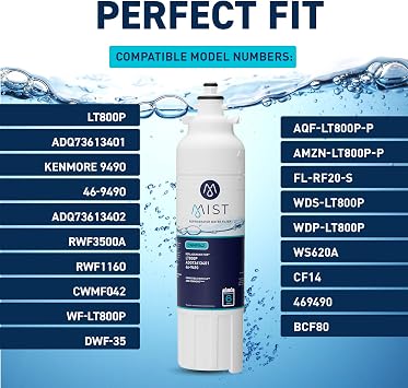 Mist ADQ73613401 Refrigerator Water Filter Replacement for LG LT800P, ADQ73613402, Kenmore 46-9490, Fridge LSXS26326S NSF 42 Certified 1 Pack