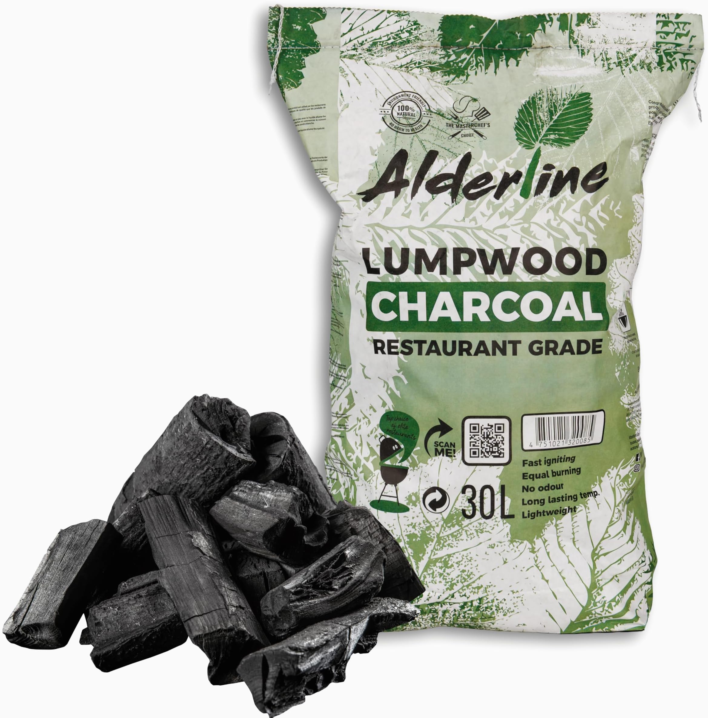 Alderline Lumpwood Charcoal – Premium Restaurant Grade BBQ Charcoal – Large Chunks, High Heat, Easy to Light, 30L Bag
