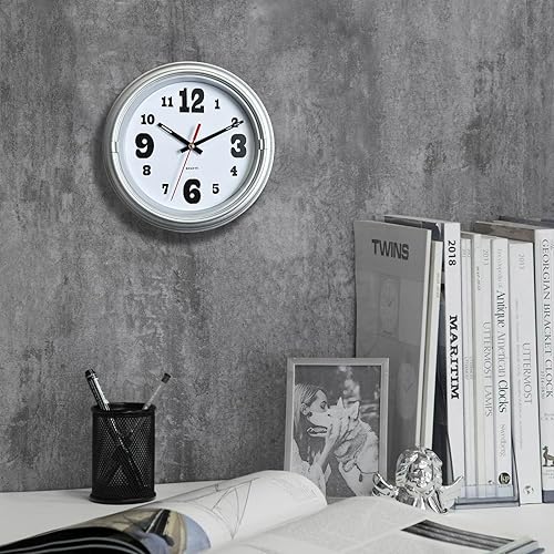 Miniatura 2 de Reloj de pared plateado de 8 pulgadas, reloj de pared con movimiento silencioso, fácil de leer, funciona con pilas, adecuado para salas de estar,
