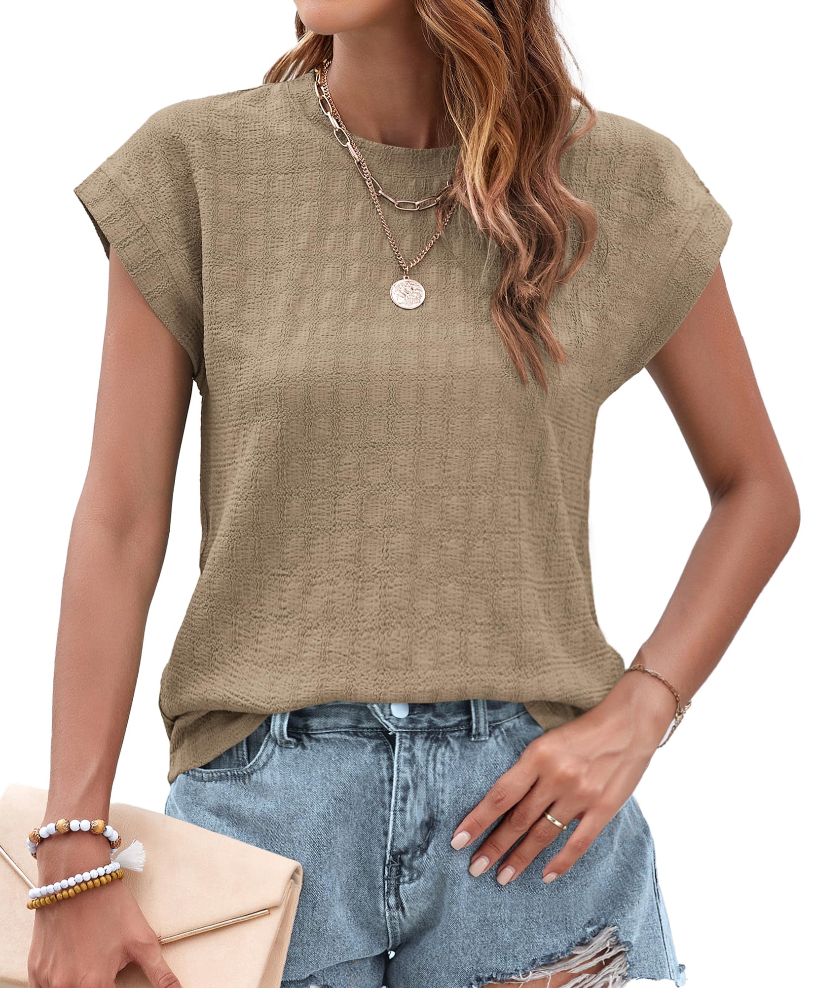 WNEEDU Summer Womens Tops Crew Neck Cap Short Sleeve Shirts Casual Loose Blouses T-Shirts Trendy 2025